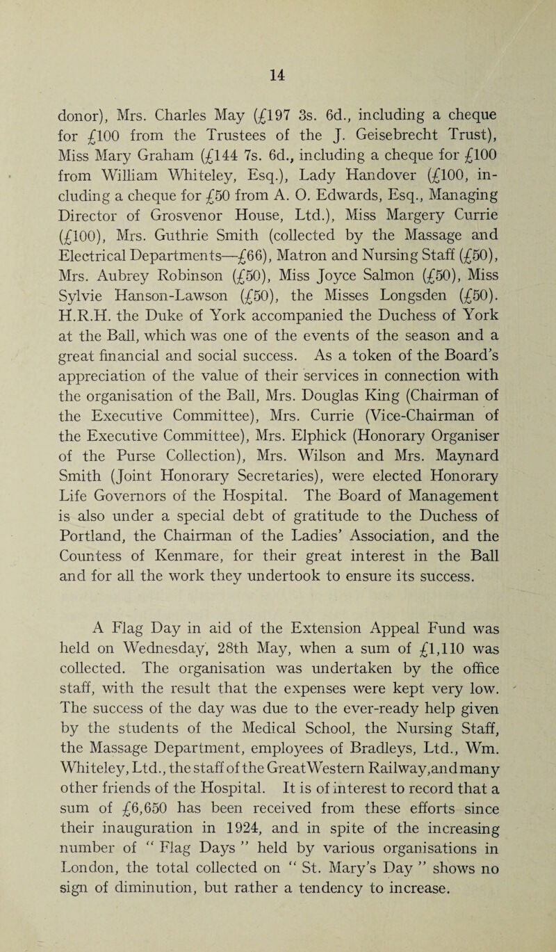 donor), Mrs. Charles May (£197 3s. 6d., including a cheque for £100 from the Trustees of the J. Geisebrecht Trust), Miss Mary Graham (£144 7s. 6d., including a cheque for £100 from William Whiteley, Esq.), Lady Handover (£100, in¬ cluding a cheque for £50 from A. O. Edwards, Esq., Managing Director of Grosvenor House, Ltd.), Miss Margery Currie (£100), Mrs. Guthrie Smith (collected by the Massage and Electrical Departments—£66), Matron and Nursing Staff (£50), Mrs. Aubrey Robinson (£50), Miss Joyce Salmon (£50), Miss Sylvie Hanson-Lawson (£50), the Misses Longsden (£50). H.R.H. the Duke of York accompanied the Duchess of York at the Ball, which was one of the events of the season and a great financial and social success. As a token of the Board’s appreciation of the value of their services in connection with the organisation of the Bail, Mrs. Douglas King (Chairman of the Executive Committee), Mrs. Currie (Vice-Chairman of the Executive Committee), Mrs. Elphick (Honorary Organiser of the Purse Collection), Mrs. Wilson and Mrs. Maynard Smith (Joint Honorary Secretaries), were elected Honorary Life Governors of the Hospital. The Board of Management is also under a special debt of gratitude to the Duchess of Portland, the Chairman of the Ladies’ Association, and the Countess of Kenmare, for their great interest in the Ball and for all the work they undertook to ensure its success. A Flag Day in aid of the Extension Appeal Fund was held on Wednesday, 28th May, when a sum of £1,110 was collected. The organisation was undertaken by the office staff, with the result that the expenses were kept very low. The success of the day was due to the ever-ready help given by the students of the Medical School, the Nursing Staff, the Massage Department, employees of Bradleys, Ltd., Wm. Whiteley, Ltd., the staff of the GreatWestern Railway,and many other friends of the Hospital. It is of interest to record that a sum of £6,650 has been received from these efforts since their inauguration in 1924, and in spite of the increasing number of “ Flag Days ” held by various organisations in London, the total collected on “ St. Mary’s Day ” shows no sign of diminution, but rather a tendency to increase.