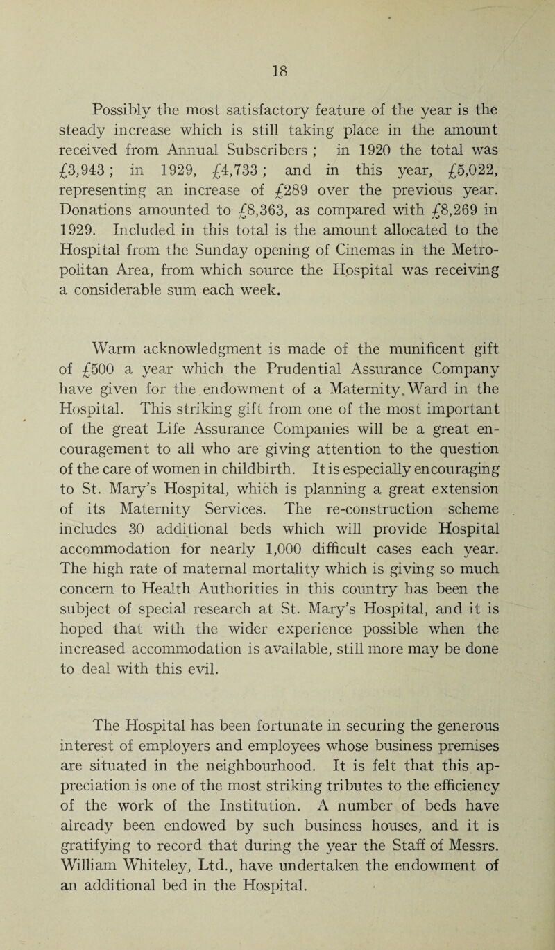 Possibly the most satisfactory feature of the year is the steady increase which is still taking place in the amount received from Annual Subscribers ; in 1920 the total was £3,943; in 1929, £4,733; and in this year, £5,022, representing an increase of £289 over the previous year. Donations amounted to £8,363, as compared with £8,269 in 1929. Included in this total is the amount allocated to the Hospital from the Sunday opening of Cinemas in the Metro¬ politan Area, from which source the Hospital was receiving a considerable sum each week. Warm acknowledgment is made of the munificent gift of £500 a year which the Prudential Assurance Company have given for the endowment of a Maternity.Ward in the Hospital. This striking gift from one of the most important of the great Life Assurance Companies will be a great en¬ couragement to all who are giving attention to the question of the care of women in childbirth. It is especially encouraging to St. Mary’s Hospital, which is planning a great extension of its Maternity Services. The re-construction scheme includes 30 additional beds which will provide Hospital accommodation for nearly 1,000 difficult cases each year. The high rate of maternal mortality which is giving so much concern to Health Authorities in this country has been the subject of special research at St. Mary’s Hospital, and it is hoped that with the wider experience possible when the increased accommodation is available, still more may be done to deal with this evil. The Hospital has been fortunate in securing the generous interest of employers and employees whose business premises are situated in the neighbourhood. It is felt that this ap¬ preciation is one of the most striking tributes to the efficiency of the work of the Institution. A number of beds have already been endowed by such business houses, and it is gratifying to record that during the year the Staff of Messrs. William Whiteley, Ltd., have undertaken the endowment of an additional bed in the Hospital.