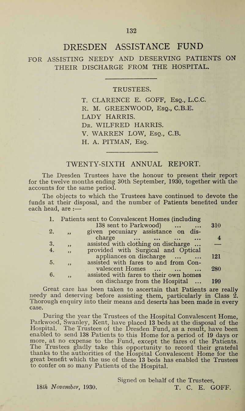 DRESDEN ASSISTANCE FUND FOR ASSISTING NEEDY AND DESERVING PATIENTS ON THEIR DISCHARGE FROM THE HOSPITAL. TRUSTEES. T. CLARENCE E. GOFF, Esq., L.C.C. R. M. GREENWOOD, Esq., C.B.E. LADY HARRIS. Dr. WILFRED HARRIS. V. WARREN LOW, Esq., C.B. H. A. PITMAN, Esq. TWENTY-SIXTH ANNUAL REPORT. The Dresden Trustees have the honour to present their report for the twelve months ending 30th September, 1930, together with the accounts for the same period. The objects to which the Trustees have continued to devote the funds at their disposal, and the number of Patients benefited under each head, are :— 1. Patients sent to Convalescent Homes (including 138 sent to Parkwood) ... ... 310 2. ,, given pecuniary assistance on dis¬ charge . 4 3. ,, assisted with clothing on discharge ... — 4. ,, provided with Surgical and Optical appliances on discharge ... ... 121 5. ,, assisted with fares to and from Con¬ valescent Homes ... ... ... 280 6. ,, assisted with fares to their own homes on discharge from the Flospital ... 199 Great care has been taken to ascertain that Patients are really needy and deserving before assisting them, particularly in Class 2. Thorough enquiry into their means and deserts has been made in every case. During the year the Trustees of the Hospital Convalescent Home, Parkwood, Swanley, Kent, have placed 13 beds at the disposal of the Hospital. The Trustees of the Dresden Fund, as a result, have been enabled to send 138 Patients to this Home for a period of 19 days or more, at no expense to the Fund, except the fares of the Patients. The Trustees gladly take this opportunity to record their grateful thanks to the authorities of the Hospital Convalescent Home for the great benefit which the use of these 13 beds has enabled the Trustees to confer on so many Patients of the Hospital. Signed on behalf of the Trustees, T. C. E. GOFF. 18th November, 1930.