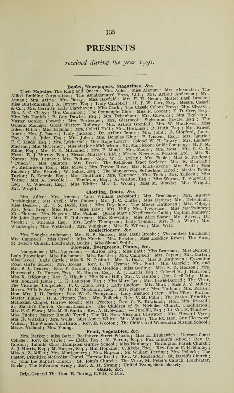 PRESENTS received during the year 1930. Books, Newspapers, Magazines, &c. Their Majesties The King and Queen ; Mrs. Adler ; Miss Aikman ; Mrs. Alexander ; The Allied Building Corporation; The Amalgamated Press, Rtd. ; Mrs. Arthur Anderson , Mrs. Annan ; Mrs. Attria ; Mrs. Barry ; Miss Bayfield ; Mrs. F. H. Benn ; Master Basil Brooke , Miss Burt-Marshall; A. Bryans, Esq. ; Lady Campbell; H. J. W. Carr, Esq. ; Messrs. Cassell & Co. ; Mrs. Cerrutti; Rady Clarehaven ; Miss Clark ; The Classic Colour Press ; Mrs. Cleaver , Mrs. A. C. Clisby ; Mrs. Concanon ; The Connaught Club ; Miss F. Cooper ; T. D. Cree, Esq. , Miss Iris Daniels ; E. Guy Dawber, Esq. ; Mrs. Debenham ; Mrs. Edwards ; Mrs. Eggleston , Master Gordon Forsyth ; Mrs. Fortesque ; Mrs. Glasspool; Sigismund Goetze, Esq. , c General Manager, Great Western Railway; Mrs. Arthur Grenfell; ^Trs. W. Handover ; Miss Eileen Hitch ; Miss Higman ; Mrs. Follett Holt; Mrs. Hoskmgs ; R. Huth, Esq. ; Mrs. Er Innes ; Mrs. J. Isaacs ; Eady Jackson ; Dr. Arthur James ; Mrs. John ; E. Stopford, Jones, Esq. ; F. A. Juler, Esq. ; Mrs. Juler ; Mrs. Douglas King ; F. Easseur, Esq.; Mrs. Eaurie , F. C. Undo, Esq. ; Mrs. Eokkerbol ; Miss Hope Dowry ; Colonel W. H. Dowry ; Mrs. DuMsay Maclean ; Mrs. McTerney ; Miss Marjorie Michaelson ; 9th Marylebone Guide Company ; H. P. M. Milne, Esq. ; Mrs. P. H. Mitcliiner ; Mrs. P. Mond ; Mrs. Moore ; Mrs. Moss ; Mrs. C. C. B. Moss ; E. T. Murray, Esq. ; Messrs. Murray’s, Dtd. ; Messrs. Newnes & Pearson, Rtd. ; Miss R. Nunes; Mrs. Penney; Mrs. Politzer ; Capt. W. H. Pollen; Mrs. Poole; Miss S. Prudom , “ Punch ” ; Mrs. Quinton ; Mrs. Reed ; The Religious Tract Society ; Miss E. Renwick ; W. Richardson, Esq. ; Mrs. Rieve ; Mrs. Trevor Rose ; Mrs. Ruck-Keene ; Mrs. Scott 5 Miss Sinclair ; Mrs. Sturch ; W. Sukes, Esq. ; The Manageress, Sutherland Hotel ; Master Tobin Taylor ; B. Temple, Esq. ; Mrs. Thurburn ; Mrs. Thurmer ; Mrs. Tuck ; Mrs. Tulloch ; Miss Turner ; Mrs. A. Tweedie ; — Vandevan, Esq. ; A. Walton, Esq. ; Miss Warner, T. Warwic , , Esq. ; C. Wheeler, Esq. ; Miss White ; Miss D. Wood ; Miss M. Woods ; Miss W right; Mrs. Wright. Clothing, Boots, &c. Mrs. Adler ; Mrs. Annan; Dord William Beresford; Mrs. Bradshaw; Mrs. Aubrey Buckingham ; Mrs. Cecil ; Mrs. Chown ; Mrs. J. C. Clarke ; Miss Davies ; Mrs. Debenham ; Miss Desilve ; R. J. S. Dodd, Esq. ; Miss Drysdale ; The Misses Enthoven ; Miss Giljoy ; Mrs. John Greg ; Miss Haw ; Miss Hay ; Mrs. Hill; Mrs. Dawrence ; Miss MacSwmney ; Mrs. Marcus ; Mrs. Napean ; Mrs. Pinkus ; Queen Mary’s Needlework Guild ; Captain Ramsay ; Sir John Ramsay ; Mrs. F. Robertson ; Miss Rowcliffe ; Miss Alice Shaw ; Mrs. Stiven ; Dr. Stoehr ; J. Sturman, Esq. ; Mrs. Deslie Thompson ; Rady Tomlin ; Mrs. E. A. Ward ; Mrs. Weinberger ; Miss Wetherell ; Mrs. Whigham ; Miss B. Wilcox ; Mrs. Witt. Confectionery, &c. Mrs. Douglas Anderson ; Mrs. R. S. Barnes ; Mrs. Basil Brooke ; Viscountess Burnham ; Mrs. Campbell; Miss Cavell ; Miss Morris ; Mrs. Proctor ; Miss Headley Rowe ; The Vicar, St. Peter’s Church, Doudwater, Bucks ; Miss Shand-Smith. Flowers, Evergreens, Plants, &c. Anonymous ; Miss Apperson ; — Barton, Esq. ; Miss Batt; Miss Bearman ; Miss Benson ; Dady Brownlow ; Miss Buchanan ; Miss Buckler ; Mrs. Campbell ; Mrs. Capon ; Mrs. Carter ; Miss Cavell; Dady Currie ; Miss R. N. Cusford ; Mrs. A. Dark ; Miss B. Enthoven ; Essendine Road Girl’s School ; Mrs. Evans ; Rev. R. H. Evans ; Mrs. Ford ; Mrs. Gabriel; Mr. and Mrs. S. R. Geaves ; Rev. P. Gordon ; Mrs. Gordon ; Miss Gosling ; Miss A. R. Hanson ; Mrs. Harewood ; D. Harper, Esq. ; M. Harper, Esq. ; A. J. Harris, Esq. ; Colonel E. J. Harrison ; Miss R. Hickman ; Rev. G. Higgin ; Miss Nora Hill ; Mrs. V. Hulton ; Hon. Cecil Irby ; Hon. Mrs. Bourard James ; H. E. Rangston, Esq. ; Miss Mary Ree ; Mrs. Rewis-Barned ; The Vicar, The Vicarage, Rimpsfield ; F. C. Rindo, Esq. ; Rady Rudlow ; Miss Mark ; Miss A. Z. Miller ; Messrs. Mills & Sons ; W. H. E. Mockford, Esq. ; Mrs. Napean ; Mrs. Nathan ; Mrs. Parish ; Hon. Mrs. J. H. Parker ; Rev. W. G. Pennyman ; Rady Eustace Percy ; Miss Pike ; Station Master, Pinner ; H. A. Pitman, Esq. ; Mrs. Pollock ; Rev. V. M. Polm ; The Pastor, Primitive Methodist Chapel, Harrow Road ; Mrs. Proctor ; Rev. C. E. Rowland ; Hon. Mrs. Russell ; St. Martin’s Church, Carmarthenshire ; The Children of St. Nicholas’ Church, Chadlmgton ; Miss P. C. Shaw ; Miss M. B. Smith ; Rev. A. H. Swann ; — Threlfill, Esq. ; Rt.-Col. E. Thurlow ; Miss Tubbs ; Master Ronald Tyrell; The Rt. Hon. Viscount Ullswater ; Mrs. Howard Vyse ; Mrs. E. Watkins ; Mrs. Wells ; Miss Aimee White ; Miss White ; The Rt. Hon. Guy Fleetwood Wilson ; The Women’s Institute ; Rev. E. Wooton ; The Children of Worsenden Mission School ; Misses Yolland ; Mrs. Young. Fruit, Vegetables, &c. Mrs. Barker ; Miss Batt; Beethoven Street Schools ; Miss H. Brukewich ; Dawson Court College ; Rev. de Vitrie ; — Eldin, Esq. ; M. Farrar, Esq. ; Fox Infant’s School; Rev. P. Gordon ; Infants’ Class, Hampden Gurney School; Miss Hanbury ; Harlington Parish Church ; A. J. Harris, Esq. ; M. Harper, Esq. ; Mrs. Hopkins ; C. Krebs, Esq.; Rev. Canon F. H. Manley ; Miss A. Z. Miller ; Mrs. Montgomery ; Mrs. Napean ; Sir William Perrmg ; Mrs. Pollock ; The Pastor, Primitive Methodist Chapel, Harrow Road ; Rev. W. Riddelsdell ; St. David’s Church ; St. John the Baptist Church ; St. John’s Church ; The Vicar, St. Peter’s Church, Roudwater, Bucks ; The Salvation Army ; Rev. A. H. Swann ; United Evangelistic Society. Game, &c. Brig.-General The Hon. E. Baring, C.V.O., C.B.E.