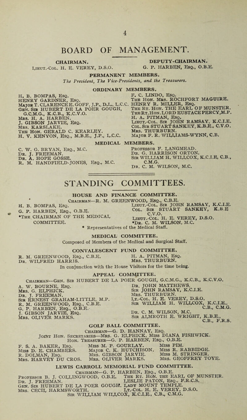 BOARD OF MANAGEMENT. CHAIRMAN. DEPUTY-CHAIRMAN. Eieut.-Col. H. E. VEREY, D.S.O. G. P. HARBEN, Esq., O.B.E. PERMANENT MEMBERS. The President. The Vice-Presidents, and the Treasurers. ORDINARY H. B. BOMPAS, Esq. HENRY GARDNER, Esq. Major T. CLARENCE E. GOFF, J.P., D.L., E.C Gen. Sir HUBERT DE LA POER GOUGH, G.C.M.G., K.C.B., K.C.V.O. Mrs. H. A. HARBEN. J. GIBSON JARVIE, Esq. Mrs. KARSEAKE. The Hon. GERAED C. KEAREEY. H. V. KENYON, Esq., M.B.E., J.P., E.c.c. MEDICAL C. W. G. BRYAN, ESQ., M.C. DR. J. FREEMAN. Dr. A. HOPE GOSSE. R. M. HANDFIEED-JONES, Esq., M.C. MEMBERS. F. C. EINDO, Esq. The Hon. Mrs. ROCHFORT MAGUIRE. C. HENRY R. MIEEER, Esq. The Rt. Hon. THE EARE OF MUNSTER. The Rt.Hon. LORD EUSTACE PERCY,M.P. H. A. PITMAN, Esq. Eieut.-Col. Sir JOHN RAMSAY, K.C.I.E. COL.Sir STUARTSANKEY, K.B.E., C.V.O. Mrs. THURBURN. Major F. R. WIEEIAMS-WYNN, C.B. MEMBERS. Professor F. EANGMEAD. Dr. G. HARRISON ORTON. Sir WILLIAM H. WIEECOX, K.C.I.E, C.B., C.M.G. Dr. C. M. WILSON, M.C. STANDING COMMITTEES. HOUSE AND FINANCE COMMITTEE. Chairman—R. M. GREENWOOD, Esq., C.B.E. H. B. BOMPAS, Esq. Eieut.-Col. Sir JOHN RAMSAY, K.C.I.E. G. P. HARBEN, Esq., O.B.E. CoL- Sir STUART SANKEY, K.B.E •The CHAIRMAN OF THE MEDICAL Eieut.-Col. H. E. VEREY, D.S.O. •Dr. C. M. WILSON, M.C. • Representatives of the Medical Staff. COMMITTEE. MEDICAL COMMITTEE. Composed of Members of the Medical and Surgical Staff. CONVALESCENT FUND COMMITTEE. R. M. GREENWOOD, Esq., C.B.E. H. A. PITMAN, Esq. Dr. WILFRED HARRIS. Mrs. THURBURN. In conjunction with the House Visitors for the time being. APPEAL COMMITTEE. Chairman—Gen. Sir HUBERT DE LA POER GOUGH, G.C.M.G., K.C.B., K.C.V.O. A. W. BOURNE, Esq. Mrs. G. EEPHICK. Dr. J. FREEMAN. Sir ERNEST GRAHAM-LITTLE, M.P. R. M. GREENWOOD, Esq., C.B.E. G. P. HARBEN, Esq., O.B.E. J. GIBSON JARVIE. Esq. Mrs. OLIVER MARKS. Dr. JOHN MATTHEWS. Sir JOHN RAMSAY, K.C.I.E. Mrs. THURBURN. Et.-Col. H. E. VEREY, D.S.O. Sir WILLIAM H. WIEECOX, K.C.I.E., C.B., C.M.G. Dr. C. M. WILSON, M.C. Sir AEMROTH E. WRIGHT, K.B.E., C.B., F.R.S. GOLF BALL COMMITTEE. Chairman—G. D. HANNAY, Esq. Joint Hon. Secretaries—Mrs. G. EEPHICK, Miss DIANA FISHWICK. Hon. Treasurer—G. P. HARBEN, Esq., O.B.E. F. S. A. BAKER, Esq. Miss D. E. CHAMBERS. R. DOLMAN, Esq. Mrs. HARVEY DU CROS. Miss M. P. GOUREAY. Major C. K. HUTCHISON. Mrs. GIBSON JARVIE. Mrs. OLIVER MARKS. Miss PIM. Miss R. RABBIDGE. Miss M. STRINGER. Mrs. GEOFFREY TOYE. LEWIS CARROLL MEMORIAL FUND COMMITTEE. Chairman—G. P. HARBEN, Esq., O.B.E- Professor B. J. COEEINGWOOD, O.B.E. The Rt. HoN. the EARL OF MUNSTER. Dr. J. FREEMAN. LESLIE PATON, Esq., F.R.C.S. Gen. Sir HUBERT DE LA POER GOUGH. Lady MOUNT TEMPLE. Mrs. CECIL HARMSWORTH. Et.-Col. H. E. VEREY, D.S.O. Sir WILLIAM WIEECOX, K.C.I.E., C.B., C.M.G.