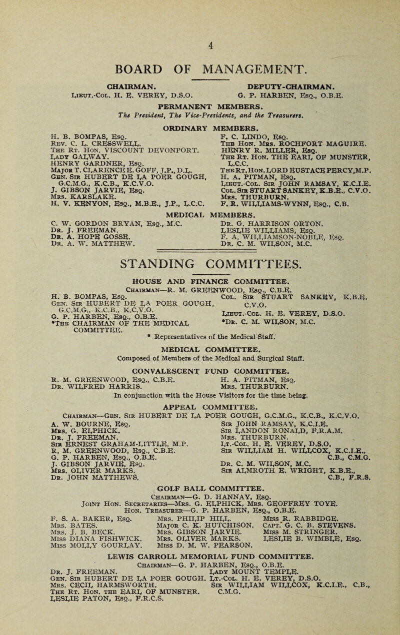 BOARD OF MANAGEMENT. CHAIRMAN. DEPUTY-CHAIRMAN. Libut.-Col. H. E. VEREY, D.S.O. G. P. HARBEN, Esq., O.BE. PERMANENT MEMBERS. The President, The Vice-Presidents, and the Treasurers. ORDINARY H. B. BOMPAS, Esq. Rev. C. Iy. CRESSWELL. The Rt. Hon. VISCOUNT DEVONPORT. IyADY GALWAY. HENRY GARDNER, Esq. Major T. CLARENCE E. GOFF, J.P., D.L. Gen. Sir HUBERT DE LA POER GOUGH, G.C.M.G., K.C.B., K.C.V.O. J. GIBSON JAR VIE, Esq. Mrs. KARSEAKE. H. V. KENYON, Esq., M.B.E., J.P., L.C.C. MEDICAL C. W. GORDON BRYAN, ESQ., M.C. Dr. J. FREEMAN. Dr. A. HOPE GOSSE. Dr. A. W. MATTHEW. MEMBERS. F. C. LINDO, Esq. The Hon. Mrs. ROCHFORT MAGUIRE. HENRY R. MILLER, Esq. The Rt. Hon. THE EARL OF MUNSTER, L.C.C. ThkRt.Hon. LORD EUSTACE PERCY,M.P. H. A. PITMAN, Esq. Lieot.-Col. Sir JOHN RAMSAY, K.C.I.E. Coe.Sir STUARTSANKEY, K.B.E., C.V.O. Mrs. THURBURN. F. R. WILLIAMS-WYNN, Esq., C.B. MEMBERS. Dr. G. HARRISON ORTON. LESLIE WILLIAMS, Esq. F. A. WILLIAMSON-NOBLE, ESQ. Dr. C. M. WILSON, M.C. STANDING COMMITTEES. HOUSE AND FINANCE COMMITTEE. Chairman—R. M. GREENWOOD, Esq., C.B.E. H. B. BOMPAS, Esq. Gen. Sir HUBERT DE LA POER GOUGH, G.C.M.G., K.C.B., K.C.V.O. G. P. HARBEN, Esq., O.B.E. •The CHAIRMAN OF THE MEDICAL COMMITTEE. * Representatives of Col. Sir STUART SANKEY, K.B.E. C.V.O. Lieut.-Col. H. E. VEREY, D.S.O. •Dr. C. M. WILSON, M.C. the Medical Staff. MEDICAL COMMITTEE. Composed of Members of the Medical and Surgical Staff. CONVALESCENT FUND COMMITTEE. R. M. GREENWOOD, Esq., C.B.E. H. A. PITMAN, Esq. Dr. WILFRED HARRIS. MRS. THURBURN. In conjunction with the House Visitors for the time being. APPEAL COMMITTEE. Chairman—Gen. Sir HUBERT DE LA POER GOUGH. G.C.M.G., K.C.B., K.C.V.O. A. W. BOURNE, Esq. Mrs. G. ELPHICK. Dr. J. FREEMAN. Sir ERNEST GRAHAM-LITTLE, M.P. R. M. GREENWOOD, Esq., C.B.E. G. P. HARBEN, ESQ., O.B.E. J. GIBSON JARVIE, Esq. Mrs. OLIVER MARKS. Dr. JOHN MATTHEWS. Sir JOHN RAMSAY, K.C.I.E. Sir LANDON RONALD, F.R.A.M. Mrs. THURBURN. I(t.-Col. H. E. VEREY, D.S.O. Sir WILLIAM H. WILLCOX, K.C.I.E., C.B., C.M.G. Dr. C. M. WILSON, M.C. Sir ALMROTH E. WRIGHT, K.B.E., C.B., F.R.S. GOLF BALL COMMITTEE. Chairman—G. D. HANNAY, Esq. Joint Hon. Secretaries—Mrs. G. ELPHICK, Mrs. GEOFFREY TOYE. Hon. Treasurer—G. P. HARBEN, Esq., O.B.E. F. S. A. BAKER, Esq. Mrs. BATES. Mrs. J. B. BECK. Miss DIANA FISHWICK. Miss MOLLY GOURLAY. Mrs. PHILIP HILL. Major C. K. HUTCHISON. Mrs. GIBSON JARVIE. Mrs. OLIVER MARKS. Miss D. M. W. PEARSON. Miss R. RABBIDGE. Capt.* G. C. B. STEVENS. Miss M. STRINGER. LESLIE B. WIMBLE, Esq. LEWIS CARROLL MEMORIAL FUND COMMITTEE. Chairman—G. P. HARBEN, Esq., O.B.E. Dr. J. FREEMAN. Lady MOUNT TEMPLE. Gen. Sir HUBERT DE LA POER GOUGH. Lt.-Col. H. E. VEREY, D.S.O. Mrs. CECIL HARMSWORTH. SlR WILLIAM WILLCOX, K.C.I.E., C.B., The Rt. Hon. the EARL OF MUNSTER. C.M.G. LESLIE PATON, Esq., F.R.C.S.