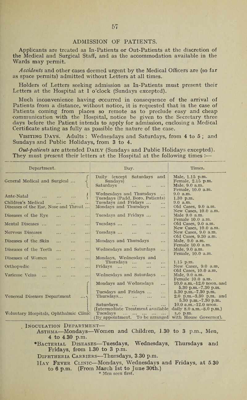 ADMISSION OF PATIENTS. Applicants are treated as In-Patients or Out-Patients at the discretion of the Medical and Surgical Staff, and as the accommodation available in the Wards may permit. Accidents and other cases deemed urgent by the Medical Officers are (so far as space permits) admitted without Letters at all times. Holders of Letters seeking admission as In-Patients must present their Letters at the Hospital at 1 o'clock (Sundays excepted). Much inconvenience having occurred in consequence of the arrival of Patients from a distance, without notice, it is requested that in the case of Patients coming from places so remote as to preclude easy and cheap communication with the Hospital, notice be given to the Secretary three days before the Patient intends to apply for admission, enclosing a Medical Certificate stating as fully as possible the nature of the case. Visiting Days. Adults : Wednesdays and Saturdays, from 4 to 5 ; and Sundays and Public Holidaj^s, from 3 to 4. Out-patients are attended Daily (Sundays and Public Holidays excepted). They must present their letters at the Hospital at the following times :— Department. Day. f General Medical and Surgical ... -( l Ante-Natal ... ... ... j Children’s Medical Diseases of the Bar, Nose and Throat .. Diseases of the Eye Mental Diseases ... Daily (except Saturdays and Sundays) Saturdays Wednesdays and Thursdays Tuesdays (Padd. Boro. Patients) Tuesdays and Fridays ... Mondays and Thursdays Tuesdays and Fridays ... Tuesdays ... Nervous Diseases Diseases of the Skin Diseases of the Teeth Diseases of Women Orthopedic Varicose Veins Tuesdays ... Mondays and Thursdays Wednesdays and Saturdays Mondays, Wednesdays and Thursdays ... Frida j\s Wednesdays and Saturdays Mondays and Wednesdays Tuesdays and Fridays ... Venereal Diseases Department ... <, ; Thursdays... ... . i Saturdays... __! (Intermediate Treatment available Voluntary Hospitals, Ophthalmic Clinic1 Tuesdays . | (By appointment. To be arranged Times. Male, 1.15 p.m. Female, 2.15 p.m. Male, 9.0 a.m. Female, 10.0 a.m. 9.0 a.m. 1.30 p.m. 9.0 a.m. Old Cases, 9.0 a.m. New Cases, 10.0 a.m. Male 9.0 a.m. Female 10.0 a.m. Old Cases, 9.0 a.m. New Cases, 10.0 a.m. New Cases, 9.0 a.m. Old Cases, 9.30 a.m. Male, 9.0 a.m. Female 10.0 a.m. Male, 9.0 a.m. Female, 10.0 a.m. 1.15 p.m. New Cases, 9.0 a.m. Old Cases, 10.0 a.m. Male, 9.0 a.m. Female 10.0 a.m. 10.0 a.m.-12.0 noon, and 5.30 p.m.-7.30 p.m. 5.30 p.m.-7.30 p.m. 2.0 p.m.-3.30 p.m. and 5.30 p.m.-7.30 p.m. 10.0 a.m.-12.0 noon, daily 8.0 a.m.-8.0 p.m.) 5.0 p.m. with House Governor). Inoculation Department— Asthma—Mondays—Women and Children, 1.30 to 3 p.m., Men, 4 to 4.30 p.m. ♦Bacterial Diseases—Tuesdays, Wednesdays, Thursdays and Fridays, from 1.30 to 3 p.m. Diphtheria Carriers—Thursdays, 3.30 p.m. Hay Fever Clinic—Mondays, Wednesdays and Fridays, at 5.30 to 6 p.m. (From March 1st to June 30th.) * Men seen first.