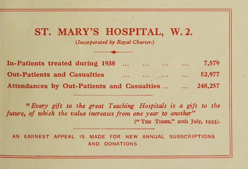 (Incorporated by Royal Charter.) In-Patients treated during 1938 . Out-Patients and Casualties . Attendances by Out-Patients and Casualties... 7,579 52,977 248,257 “Every gift to the great Teaching Hospitals is a gift to the futuref of which the value increases from one year to another” (“The Timbs,” 20th July, 1933). AN EARNEST APPEAL IS MADE FOR NEW ANNUAL SUBSCRIPTIONS AND DONATIONS