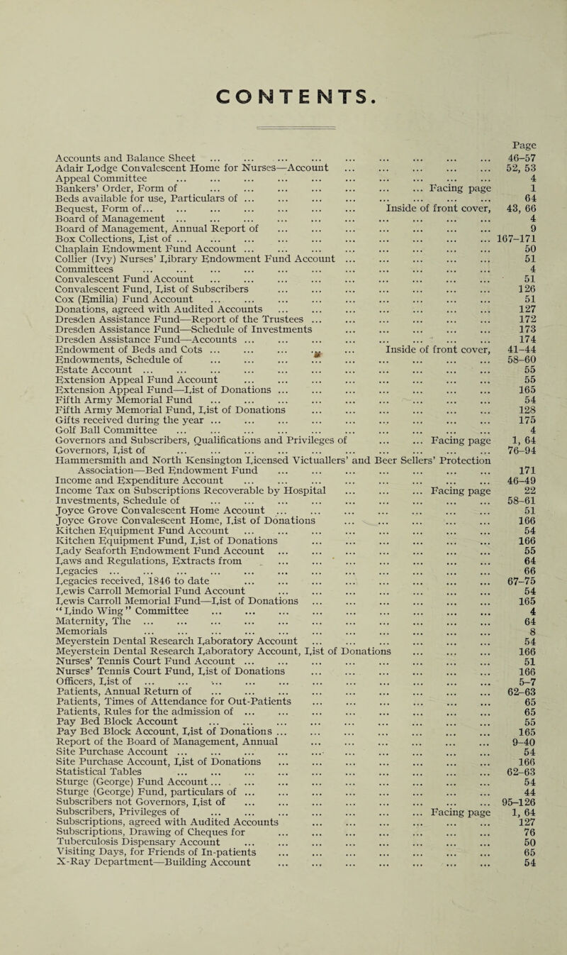 CONTENTS Accounts and Balance Sheet Adair Bodge Convalescent Home for Nurses—Account Appeal Committee Bankers’Order, Form of Beds available for use, Particulars of ... Bequest, Form of... Board of Management ... Board of Management, Annual Report of Box Collections, Fist of ... Chaplain Endowment Fund Account ... Collier (Ivy) Nurses’ Eibrary Endowment Fund Account Committees Convalescent Fund Account Convalescent Fund, Eist of Subscribers Cox (Emilia) Fund Account Donations, agreed with Audited Accounts Dresden Assistance Fund—Report of the Trustees ... Dresden Assistance Fund—Schedule of Investments Dresden Assistance Fund—Accounts ... Endowment of Beds and Cots ... ... ... Endowments, Schedule of Estate Account ... Extension Appeal Fund Account Extension Appeal Fund—-Eist of Donations ... Fifth Army Memorial Fund Fifth Army Memorial Fund, Eist of Donations Gifts received during the year ... Golf Ball Committee Governors and Subscribers, Qualifications and Privileges o Governors, Eist of Hammersmith and North Kensington Eicensed Victuallers Association—Bed Endowment Fund Income and Expenditure Account Income Tax on Subscriptions Recoverable by Hospital Investments, Schedule of Joyce Grove Convalescent Home Account ... Joyce Grove Convalescent Home, Eist of Donations Kitchen Equipment Fund Account Kitchen Equipment Fund, Eist of Donations Eady Seaforth Endowment Fund Account Eaws and Regulations, Extracts from Eegacies ... Eegacies received, 1846 to date Eewis Carroll Memorial Fund Account Eewis Carroll Memorial Fund—Eist of Donations “ Eindo Wing ” Committee Maternity, The Memorials Meyerstein Dental Research Eaboratory Account Meyerstein Dental Research Eaboratory Account, Eist of D Nurses’Tennis Court Fund Account ... Nurses’ Tennis Court Fund, Eist of Donations Officers, Eist of Patients, Annual Return of Patients, Times of Attendance for Out-Patients Patients, Rules for the admission of ... Pay Bed Block Account Pay Bed Block Account, Eist of Donations . Report of the Board of Management, Annual Site Purchase Account ... Site Purchase Account, Eist of Donations Statistical Tables Sturge (George) Fund Account... Sturge (George) Fund, particulars of Subscribers not Governors, Eist of Subscribers, Privileges of Subscriptions, agreed with Audited Accounts Subscriptions, Drawing of Cheques for Tuberculosis Dispensary Account Visiting Days, for Friends of In-patients X-Ray Department—Building Account and B onatio Inside Inside er Sel ns Facing page ers’ Protection Facing page Facing page of front cover of front cover Facing page Page 46-57 52, 53 4 1 64 43, 66 4 9 167-171 50 51 4 51 126 51 127 172 173 174 41-44 58-60 55 55 165 54 128 175 4 1, 64 76-94 171 46-49 22 58-61 51 166 54 166 55 64 66 67-75 54 165 4 64 8 54 166 51 166 5-7 62-63 65 65 55 165 9-40 54 166 62-63 54 44 95-126 1, 64 127 76 50 65 54