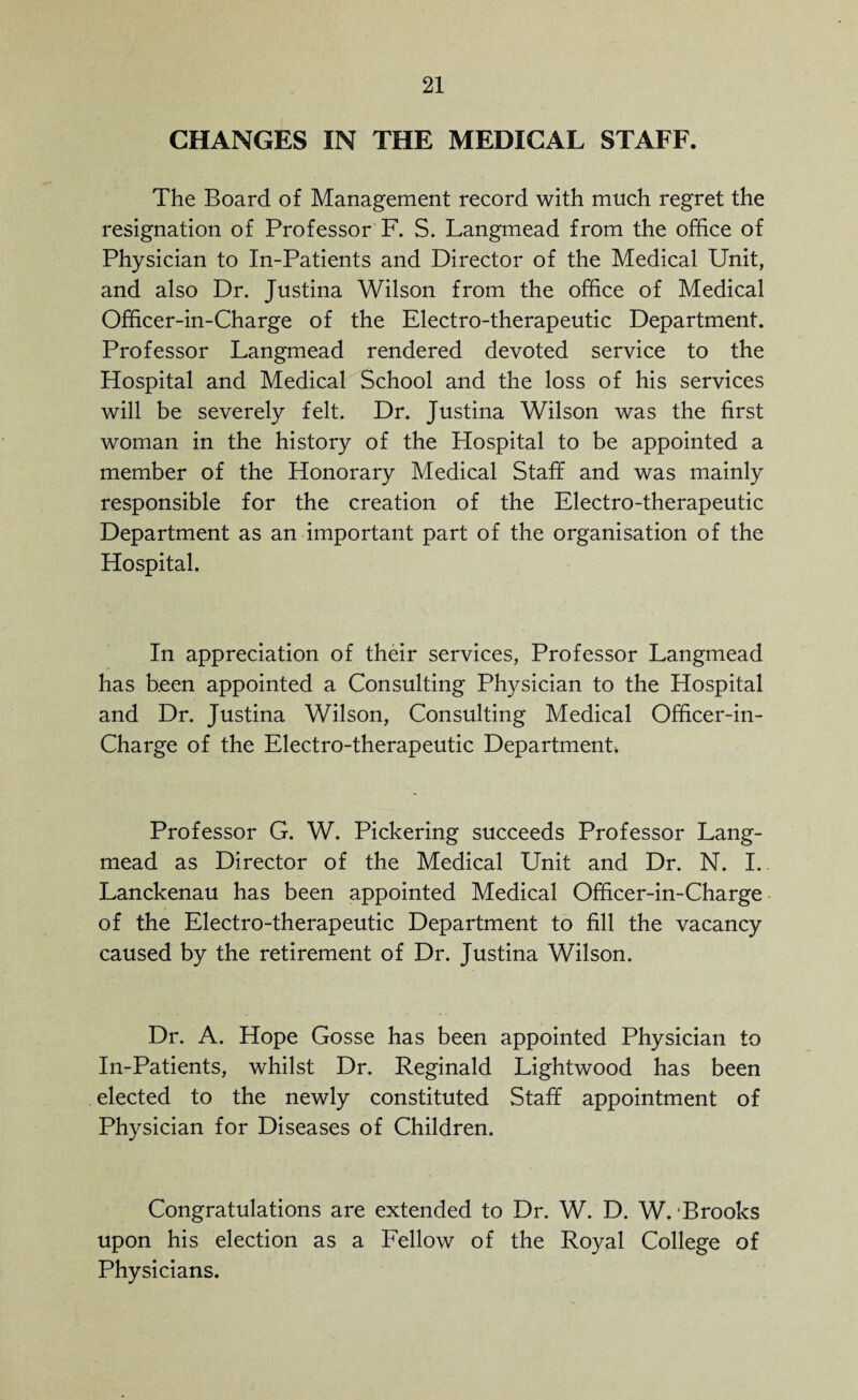 CHANGES IN THE MEDICAL STAFF. The Board of Management record with much regret the resignation of Professor F. S. Langmead from the office of Physician to In-Patients and Director of the Medical Unit, and also Dr. Justina Wilson from the office of Medical Officer-in-Charge of the Electro-therapeutic Department. Professor Langmead rendered devoted service to the Hospital and Medical School and the loss of his services will be severely felt. Dr. Justina Wilson was the first woman in the history of the Hospital to be appointed a member of the Honorary Medical Staff and was mainly responsible for the creation of the Electro-therapeutic Department as an important part of the organisation of the Hospital. In appreciation of their services, Professor Langmead has been appointed a Consulting Physician to the Hospital and Dr. Justina Wilson, Consulting Medical Officer-in- Charge of the Electro-therapeutic Department. Professor G. W. Pickering succeeds Professor Lang¬ mead as Director of the Medical Unit and Dr. N. I. Lanckenau has been appointed Medical Officer-in-Charge of the Electro-therapeutic Department to fill the vacancy caused by the retirement of Dr. Justina Wilson. Dr. A. Hope Gosse has been appointed Physician to In-Patients, whilst Dr. Reginald Lightwood has been elected to the newly constituted Staff appointment of Physician for Diseases of Children. Congratulations are extended to Dr. W. D. W. Brooks upon his election as a Fellow of the Royal College of Physicians.