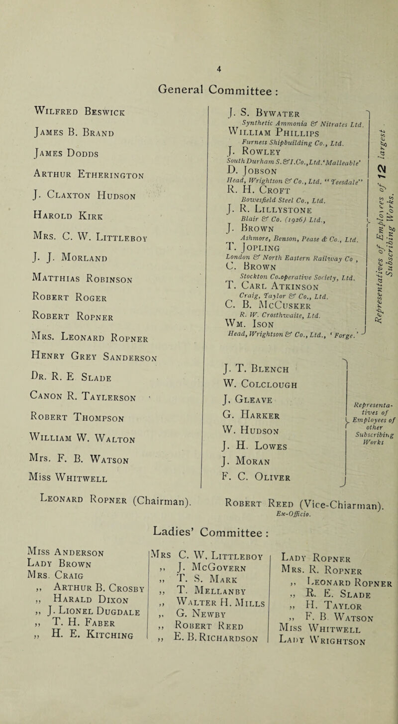 General Committee : Wilfred Beswick James B. Brand James Dodds Arthur Etherington J. Claxton Hudson Harold Kirk Mrs. C. W. Littleboy J. J. Morland Matthias Robinson Robert Roger Robert Ropner Mrs. Leonard Ropner Henry Grey Sanderson Dr. R. E Slade Canon R. Taylerson Robert Thompson William W. Walton Mrs. F. B. Watson Miss Whitwell Leonard Ropner (Chairman). J. S. Bywater Synthetic Ammonia & Nitrates Ltd. William Phillips Furness Shipbuilding Co., Ltd. J. Rowley South Durham S.&I.Co.,Ltd.'Malleable’ D. Jobson Head, Wrightson & Co., Ltd. “ Teesdale” R. H. Croft Bowesfield Steel Co., Ltd. J. R. Lillystone Blair & Co. (1926) Ltd., J. Brown Ashmore, Benson, Pease £ Co., Ltd. T. JOPLING London 8f North Eastern Railway Co , C. Brown Stockton Co-operative Society, Ltd. T. Carl Atkinson Craig, Taylor Sf Co., Ltd. C. B. McCusker R. W. Crosthwaite, Ltd. Wm. Ison Head, Wrightson & Co., Ltd., ‘ Forge.' ^ (Si % CM •3 I s? Q b '-s ^ S J. T. Blench W. Colclough J, Gleave G. Harker W. Hudson J. H. Lowes J. Moran F. C. Oliver Representa¬ tives of L Employees of i other Subscribing Works Robert Reed (Vice-Chiarman). Ex-Officio. Miss Anderson Lady Brown Mrs. Craig ,, Arthur B. Crosby ,, Harald Dixon ,, J. Lionel Dugdale ,, T. H. Faber ,, H. E. Kitching Ladies’ Committee : Mrs C. W, Littleboy ,, J. McGovern ,, T. S. Mark ,, T. Mellanby ,, Walter H. Mills G. Newby ,, Robert Reed ,, E. B. Richardson Lady Ropner Mrs. R. Ropner ,, Leonard Ropner » P. E. Slade „ H. Taylor ,, F. B Watson Miss Whitwell Lady \\ rightson