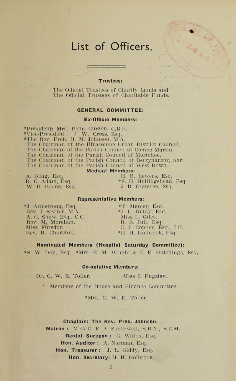 List of Officers. % Trustees: The Official Trustees of Charity Lands and The Official Trustees of Charitable Funds. GENERAL COMMITTEE: Ex-Officio Members: •President: Mrs. Penn Curzon, C.B.E. •Vice-President : J. W. Cross, Esq. •The Rev. Preb. H. M. Johnson, M.A. The Chairman of the Ilfracombe Urban District Council, The Chairman of the Parish Council of Combe Martin. The Chairman of the Parish Council of Mortehoe. The Chairman of the Parish Council of Berrynarbor, and The Chairman of the Parish Council of West Down. Medical Members: A. King, Esq. H. B. Lewers, Esq. D. C. Adam, Esq. *F. H. Hoilingshead, Esq. W. B. Boone, Esq. J. B. Crabtree, Esq. Representative Members: •J. Armstrong, Esq, Rev. I. Siviter, M.A. A. G. Snow, Esq., C.C. Rev. M, Morehan. Miss Fursdon. Rev. R. Churchill. •T. Mercer, Esq. •J. L. Giddy, Esq. Miss L. Giles. R. S. Jull, Esq. C. J. Copner, Esq., J.P. *H. H. Holbrook, Esq. Nominated Members (Hospital Saturday Committee): *S. W. Day, Esq.; *Mrs. R. M. Wright & C. E. Hutchings, Esq. Co-optative Members: Dr. C. W. E. Toller. Miss I. Pugsley. * Members of the House and Finance Committee. •Mrs. C. W. E. Toller. Chaplain: The Rev. Preb. Johnson. Matron : Miss C. E. A. Shellswell, S.R.N., S.C.M. Dental Surgeon : G. Wallis, Esq. Hon. Auditor : A. Norman, Esq. Hon. Treasurer: J. L. Giddy, Esq. Hon. Secretary: H. H. Holbrook.