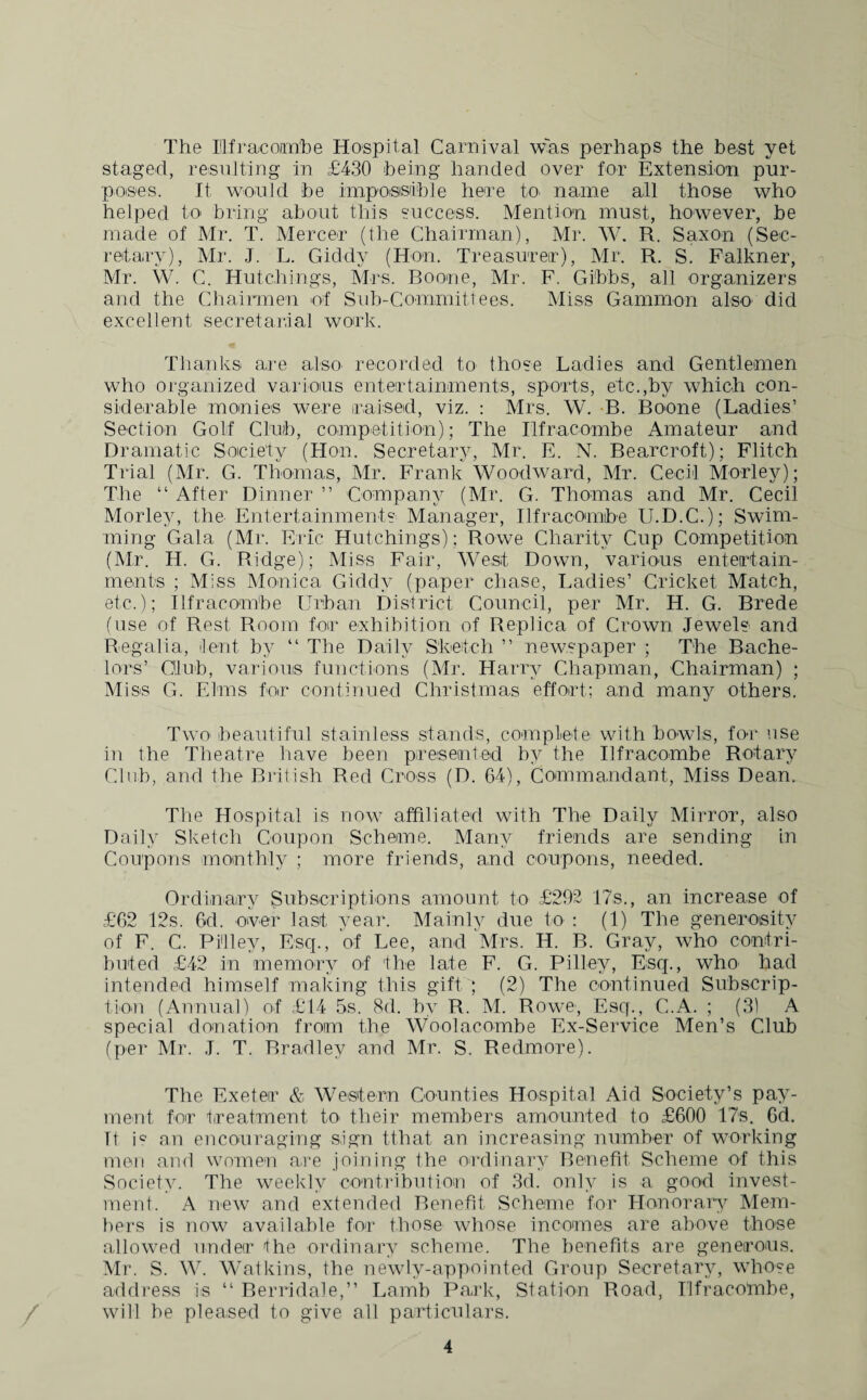 The Ilfracombe Hospital Carnival was perhaps the best yet staged, resulting in £430 being handed over for Extension pur¬ poses. It would be impossible here to- name all those who helped to bring about this success. Mention must, however, be made of Mr. T. Mercer (the Chairman), Mr. W. R. Saxon (Sec¬ retary), Mr. J. L. Giddy (Hon. Treasurer), Mr. R. S. Falkner, Mr. W. C. Hutchings, Mrs. Boone, Mr. F. Gibbs, all organizers and the Chairmen of Sub-Committees. Miss Gammon also did excellent secretarial work. Thanks are also- recorded to those Ladies and Gentlemen who organized various entertainments, sports, etc.,by which con¬ siderable monies were raised, viz. : Mrs. W. B. Boone (Ladies’ Section Golf Club, competition); The Ilfracombe Amateur and Dramatic Society (Hon. Secretary, Mr. E. N. Bearcroft); Flitch Trial (Mr. G. Thomas, Mr. Frank Woodward, Mr. Cecil Morley); The “ After Dinner ” Company (Mr. G. Thomas and Mr. Cecil Morley, the Entertainments Manager, Ilfracombe U.D.C.); Swim¬ ming Gala (Mr. Eric Hutchings); Rowe Charity Cup Competition (Mr. H. G. Ridge); Miss Fair, West Down, various entertain¬ ments ; Miss Monica Giddy (paper chase, Ladies’ Cricket Match, etc.); Ilfracombe Urban District Council, per Mr. H. G. Brede (use of Rest Room for exhibition of Replica of Crown Jewels and Regalia, lent by “ The Daily Sketch ” newspaper ; The Bache¬ lors’ Club, various functions (Mr. Harry Chapman, Chairman) ; Miss G. Elms for continued Christmas effort; and many others. Two beautiful stainless stands, complete with bowls, for use in the Theatre have been presented by the Ilfracombe Rotary Club, and the British Red Cross (D. 64), Commandant, Miss Dean. The Hospital is now affiliated with The Daily Mirror, also Daily Sketch Coupon Scheme. Many friends are sending in Coupons monthly ; more friends, and coupons, needed. Ordinary Subscriptions amount to £292 17s., an increase of £62 12s. Gd. over last year. Mainly due to : (1) The generosity of F. C. Pi'lley, Esq., of Lee, and Mrs. H. B. Gray, who contri¬ buted £42 in memory of the late F. G. Pi lley, Esq., wlm had intended himself making this gift ; (2) The continued Subscrip¬ tion (Annual) of £14 5s. 8d. by R. M. Rowe, Esq., C.A. ; (31 A special donation from the Woolacombe Ex-Service Men’s Club (per Mr. .1. T. Bradley and Mr. S. Redmore). The Exeter & Western Counties Hospital Aid Society’s pay¬ ment for treatment to their members amounted to £600 17s. 6d. Tt is an encouraging sign tthat an increasing number of working men and women are joining the ordinary Benefit Scheme of this Society. The weekly contribution of 3d. only is a good invest¬ ment. A new and extended Benefit Scheme for Honorary Mem¬ bers is now available for those whose incomes are above those allowed under the ordinary scheme. The benefits are generous. Mr. S. W. Watkins, the newly-appointed Group Secretary, whose address is “ Berridale,” Lamb Park, Station Road, Ilfracombe, will be pleased to give all particulars.