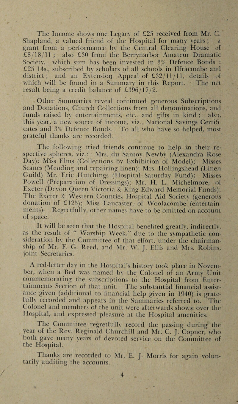 The Income shows one Legacy of £25 received from Mr. C. Shapland, a valued friend of the Hospital for many years ; a grant from a performance by the Central Clearing House of £8/18/11 ; also £30 from the Berrynarbor Amateur Dramatic Society, which sum has been invested in 3% Defence Bonds : £25 14s., subscribed by scholars of all schools in Ilfracombe and district; and an Extension Appeal of £32/11/11, details of which will be found in a Summary in this Report. The net result being a credit balance of £396/17/2. Other Summaries reveal continued generous Subscriptions and Donations, Church Collections from all denominations, and funds raised by entertainments, etc., and gifts in kind ; also, this year, a new source of income, viz.. National Savings Certifi¬ cates and 3% Defence Bonds. To all who have so helped, most grateful thanks are recorded. The following tried friends continue to help in their re¬ spective spheres, viz.: Mrs. du Santoy Newby (Alexandra Rose Day); Miss Elms (Collections by Exhibition of Model); Misses Scanes (Mending and repairing linen); Mrs. Hollingsheacl (Linen Guild) Mr. Eric Hutchings (Hospital Saturday Fund); Misses Powell (Preparation of Dressings); Mr. H. L. Michelmore, of Exeter (Devon Queen Victoria & King Edward Memorial Funds); The Exeter & Western Counties Hospital Aid Society (generous donation of £125); Miss Lancaster, of Woolacombe (entertain¬ ments). Regretfully, other names have to be omitted on account of space. It will be seen that the Hospital benefited greatly, indirectly, as the result of “ Warship Week,” due to the sympathetic con¬ sideration by the Committee of that effort, under the chairman¬ ship of Mr. E. G. Reed, and Mr. W. J. Ellis and Mrs. Robins, joint Secretaries. A red-letter day in the Hospital’s history took place in Novem¬ ber, when a Bed was named by the Colonel of an Army Unit commemorating the subscriptions to the Hospital from Enter¬ tainments Section of that unit. The substantial financial assist¬ ance given (additional to financial help given in 1940) is grate¬ fully recorded and appears in the Summaries referred to. The Colonel and members of the unit were afterwards shown over the Hospital, and expressed pleasure at the Hospital amenities. The Committee regretfully record the passing during the year of the Rev. Reginald Churchill and Mr. C. J. Copner, who both gave many years of devoted service on the Committee of the Hospital. Thanks are recorded to Mr. E. J- Morris for again volun¬ tarily auditing the accounts.