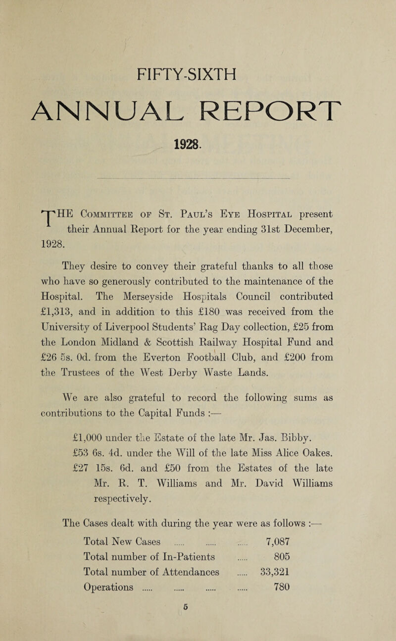 ANNUAL REPORT 1928. nr HE Committee of St. Paul’s Eye Hospital present their Annual Report for the year ending 31st December, 1928. They desire to convey their grateful thanks to all those who have so generously contributed to the maintenance of the Hospital. The Merseyside Hospitals Council contributed £1,313, and in addition to this £180 was received from the University of Liverpool Students’ Rag Day collection, £25 from the London Midland & Scottish Railway Hospital Fund and £26 5s. Od. from the Everton Football Club, and £200 from the Trustees of the West Derby Waste Lands. We are also grateful to record the following sums as contributions to the Capital Funds :— £1,000 under the Estate of the late Mr. Jas. Bibby. £53 6s. 4d. under the Will of the late Miss Alice Oakes. £27 15s. 6d. and £50 from the Estates of the late Mr. R. T. Williams and Mr. David Williams respectively. The Cases dealt with during the year were as follows :— Total New Cases . . . 7,087 Total number of In-Patients . 805 Total number of Attendances . 33,321 Operations . 780