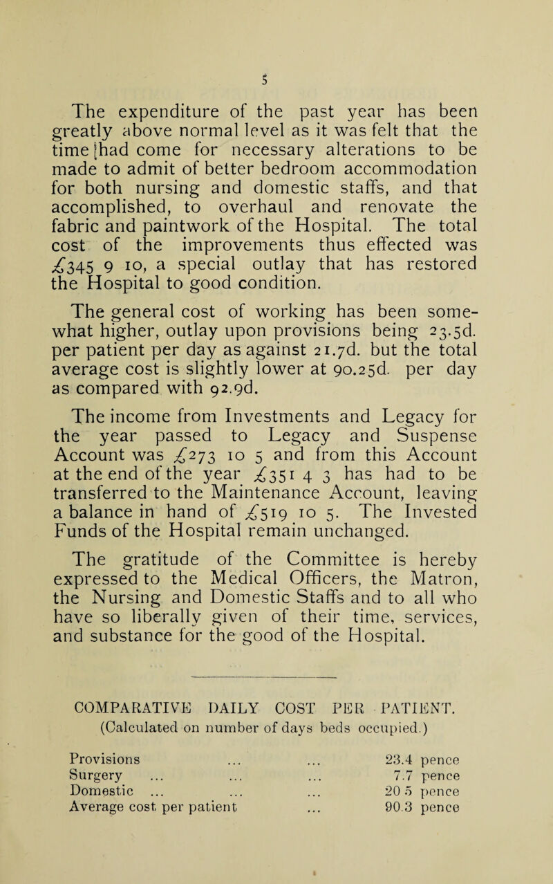The expenditure of the past year has been greatly above normal level as it was felt that the time [had come for necessary alterations to be made to admit of better bedroom accommodation for both nursing and domestic staffs, and that accomplished, to overhaul and renovate the fabric and paintwork of the Hospital. The total cost of the improvements thus effected was ^345 9 io, a special outlay that has restored the Hospital to good condition. The general cost of working has been some¬ what higher, outlay upon provisions being 23.3d. per patient per day as against 21.yd. but the total average cost is slightly lower at 90.23d. per day as compared with 92.pd. The income from Investments and Legacy for the year passed to Legacy and Suspense Account was .£273 10 5 and from this Account at the end of the year ^351 4 3 has had to be transferred to the Maintenance Account, leaving a balance in hand of ^519 10 5. The Invested Funds of the Hospital remain unchanged. The gratitude of the Committee is hereby expressed to the Medical Officers, the Matron, the Nursing and Domestic Staffs and to all who have so liberally given of their time, services, and substance for the good of the Hospital. COMPARATIVE DAILY COST PER PATIENT. (Calculated on number of days beds occupied.) Provisions ... ... 23.4 pence Surgery ... ... ... 7.7 pence Domestic ... ... ... 20 5 ponce Average cost per patient ... 90.3 pence