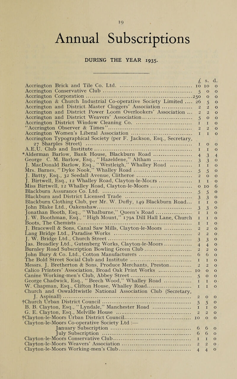 Annual Subscriptions DURING THE YEAR 1935. £ s- d- Accrington Brick and Tile Co. Ltd. 10 10 o Accrington Conservative Club . 5 o o Accrington Corporation .250 o o Accrington & Church Industrial Co-operative Society Limited_ 26 5 o Accrington and District Master Cloggers’ Association. 2 2 o Accrington and District Power Loom Overlookers’ Association ... 2 2 o Accrington and District Weavers’ Association. 500 Accrington District Window Cleaning Co. 1 1 o “Accrington Observer & Times’’. 220 Accrington Women’s Liberal Association . 1 1 o Accrington Typographical Society (per F. Jackson, Esq., Secretary, 27 Sharpies Street) . 1 o o A. E.U. Club and Institute. 1 1 o *Alderman Barlow, Bank House, Blackburn Road . 434 George C. M. Barlow, Esq., “Hazeldene,’’ Altham . 3 3 o J. MacDonald Barlow, Esq., “Westleigh,” Whalley Road . 1 1 o Mrs. Barnes, “Dyke Nook,” Whalley Road . 5 5 o J. Batty, Esq., 32 Seedall Avenue, Clitheroe . 2 o o J. Birtwell, Esq., 12 Whalley Road, Clayton-le-Mocrs . 1 1 o Miss Birtwell, 12 Whalley Road, Clayton-le-Moors . o 10 6 Blackburn Assurance Co. Ltd. 5 5 o Blackburn and District Licensed Trade . 3 3 o Blackburn Clothing Club, per Mr. W. Duffy, 149 Blackburn Road... 1 1 o John Blake Ltd., Oakenshaw. 3 3 0 Jonathan Booth, Esq., “Whalburne,” Queen’s Road. 1 1 o J. W. Boothman, Esq., “High Mount,” 179A Dill Hall Lane, Church 1 1 o Boots, The Chemists. 1 1 o J. Bracewell & Sons, Canal Saw Mills, Clayton-le-Moors . 2 2 o Lang Bridge Ltd., Paradise Works . 2 2 o J. W. Bridge Ltd., Church Street. 3 3 o Jas. Broadley Ltd., Gutenberg Works, Clayton-le-Moors. 4 4 o Burnley Road Subscription Bowling Green Club. 2 2 o John Bury & Co. Ltd., Cotton Manufacturers . 6 6 o The Bold Street Social Club and Institute . 1 1 o Messrs. J. Bretherton & Sons, Produce Merchants, Preston. 220 Calico Printers’ Association, Broad Oak Print Works . 10 o o Canine Working-men’s Club, Abbey Street. 5 o o George Chadwick, Esq., “Beech Wood,” Whalley Road . 1 1 o W. Chapman, Esq., Clifton House, Whalley Road. 1 1 o Church and Oswaldtwistle National Association Club (Secretary, J. Aspinall) . 2 o o fChurch Urban District Council . 5 5 o B. B. Clayton, Esq., “Lyndale,” Manchester Road . 1 1 o G. E. Clayton, Esq., Melville House . 2 2 o JClayton-le-Moors Urban District Council. 10 o o Clayton-le-Moors Co-operative Society Ltd :— January Subscription . 6 6 o July Subscription . 6 6 o Clayton-le-Moors Conservative Club. 1 1 o Clayton-le-Moors Weavers’ Association. 2 2 o Clayton-le-Moors Working-men’s Club. 4 4 o