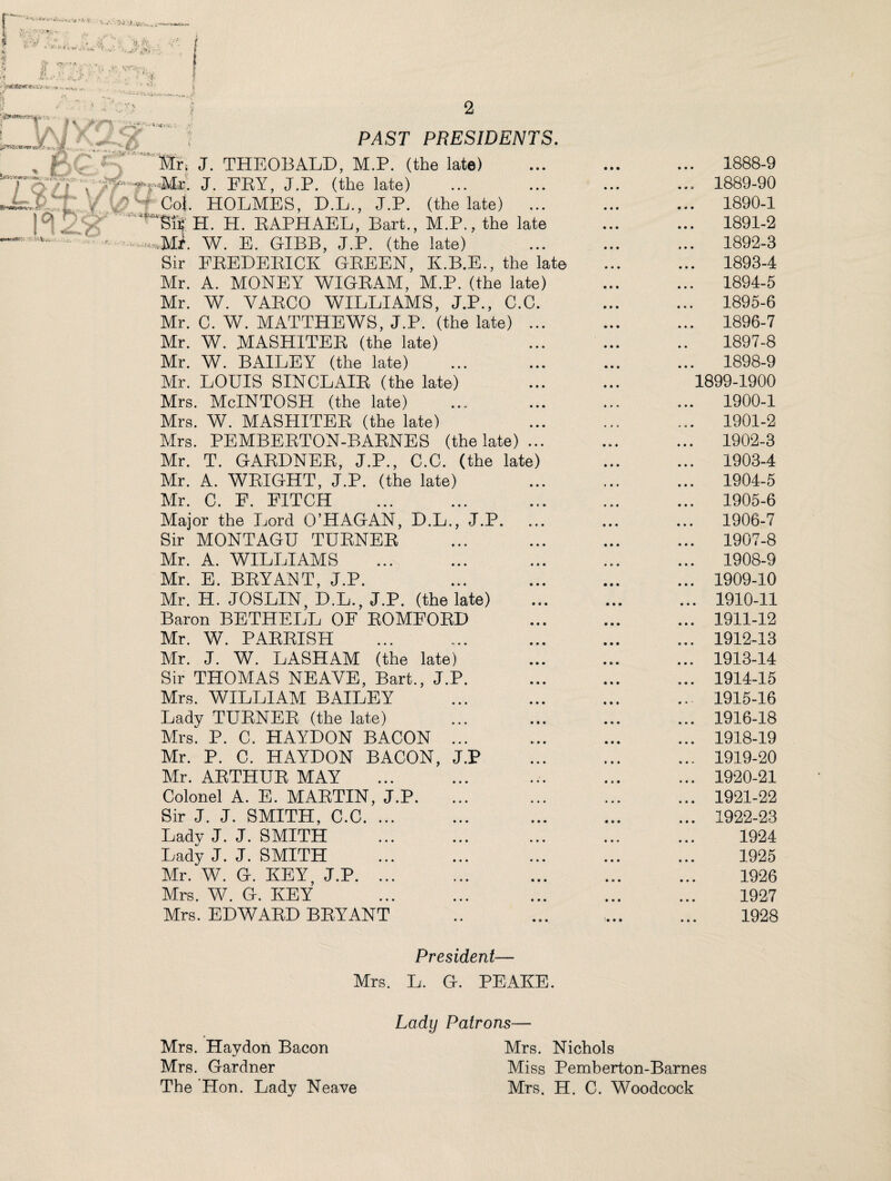 - ***■»:*; \ l- ; PAST PRESIDENTS. Mr; J. THEOBALD, M.P. (the late) J. FRY, J.P. (the late) Tc W'* Col. HOLMES, D.L., J.P. (the late) ... ‘*8® H. H. RAPHAEL, Bart., M.P., the late Mi. W. E. GIBB, J.P. (the late) Sir FREDERICK GREEN, K.B.E., the late Mr. A. MONEY WIGRAM, M.P. (the late) Mr. W. VARCO WILLIAMS, J.P., C.C. Mr. C. W. MATTHEWS, J.P. (the late) ... Mr. W. MASHITER (the late) Mr. W. BAILEY (the late) Mr. LOUIS SINCLAIR (the late) Mrs. McINTOSH (the late) Mrs. W. MASHITER (the late) Mrs. PEMBERTON-BARNES (the late)... Mr. T. GARDNER, J.P., C.C. (the late) Mr. A. WRIGHT, J.P. (the late) Mr. C. E. FITCH . Major the Lord O’HAGAN, D.L., J.P. ... Sir MONTAGU TURNER Mr. A. WILLIAMS . Mr. E. BRYANT, J.P. Mr. H. JOSLIN, D.L., J.P. (the late) Baron BETHELL OF ROMFORD Mr. W. PARRISH Mr. J. W. LASHAM (the late) Sir THOMAS NEAYE, Bart., J.P Mrs. WILLIAM BAILEY Lady TURNER (the late) Mrs. P. C. HAYDON BACON Mr. P. C. HAYDON BACON Mr. ARTHUR MAY Colonel A. E. MARTIN, J.P. Sir J. J. SMITH, C.C. ... Lady J. J. SMITH Lady J. J. SMITH Mr. W. G. KEY J.P. ... Mrs. W. G. KEY Mrs. EDWARD BRYANT 1888-9 1889-90 1890- 1 1891- 2 1892- 3 1893- 4 1894- 5 1895- 6 1896- 7 1897- 8 1898- 9 1899-1900 1900- 1 1901- 2 1902- 3 1903- 4 1904- 5 1905- 6 1906- 7 1907- 8 1908- 9 1909- 10 1910- 11 1911- 12 1912- 13 1913- 14 1914- 15 1915- 16 1916- 18 1918- 19 1919- 20 1920- 21 1921- 22 1922- 23 1924 1925 1926 1927 1928 President— Mrs. L. G. PEAKE. Lady Patrons— Mrs. Haydon Bacon Mrs. Nichols Mrs. Gardner Miss Pemberton-Barnes The ’Hon. Lady Neave Mrs. H. C. Woodcock