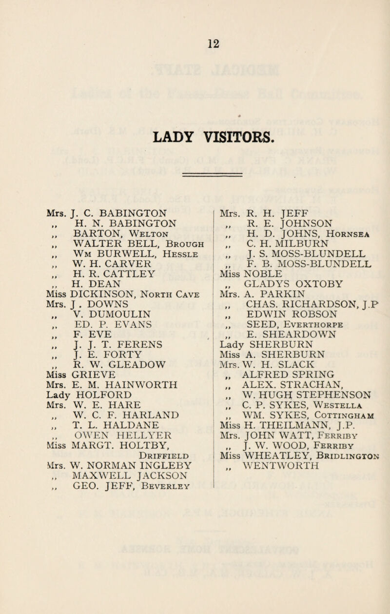 LADY VISITORS. Mrs. J. C. BABINGTON „ H. N. BABINGTON ,, BARTON, Welton „ WALTER BELL, Brough ,, Wm BURWELL, Hessle „ W. H. CARVER „ H. R. CATTLEY „ H. DEAN Miss DICKINSON, North Cave Mrs. J . DOWNS „ V. DUMOULIN ,. ED. P. EVANS „ F. EVE „ J. J. T. FERENS „ J. E. FORTY ,, R. W. GLEADOW Miss GRIEVE Mrs. E. M. HAINWORTH Lady HOLFORD Mrs. W. E. HARE „ W. C. F. HARLAND „ T. L. HALDANE ,, OWEN HELLYER Miss MARGT. HOLTBY, Driffield Mrs. W. NORMAN INGLEBY „ MAXWELL JACKSON ,, GEO. JEFF, Beverley Mrs. R. H. JEFF „ R. E. JOHNSON „ H. D. JOHNS, Hornsea „ C. H. MILBURN „ J. S. MOSS-BLUNDELL „ F. B. MOSS-BLUNDELL Miss NOBLE „ GLADYS OXTOBY Mrs. A. PARKIN „ CHAS. RICHARDSON, J.P „ EDWIN ROBSON ,, SEED, Everthorpe „ E. SHEARDOWN Lady SHERBURN Miss A. SHERBURN Mrs. W. H. SLACK „ ALFRED SPRING „ ALEX. STRACHAN, „ W. HUGH STEPHENSON ,, C. P. SYKES, Westella „ WM. SYKES, Cottingham Miss H. THEILMANN, J.P. Mrs. JOHN WATT, Ferriby „ J. W. WOOD, Ferriby I Miss WHEATLEY, Bridlington „ WENTWORTH