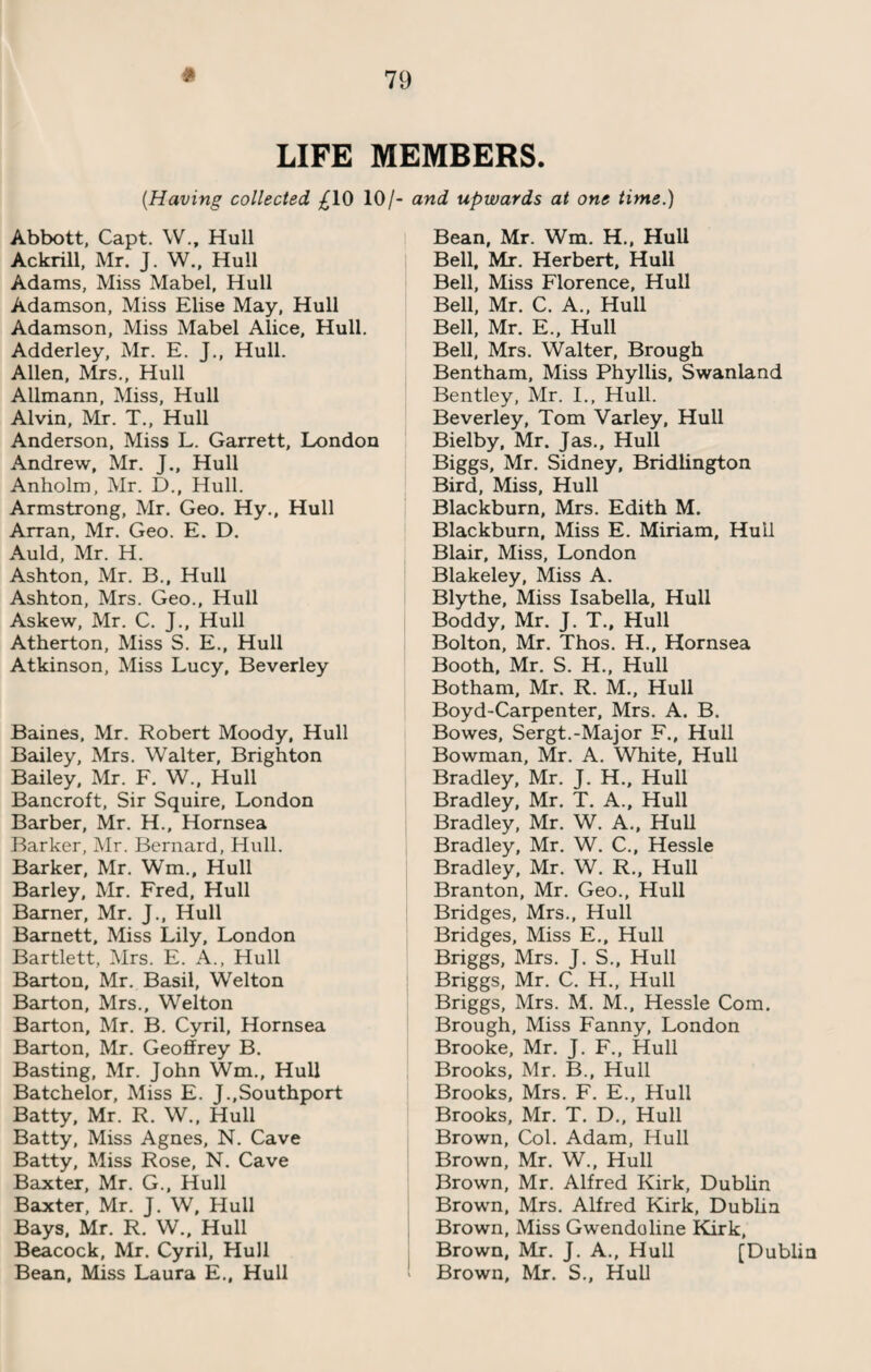 LIFE MEMBERS. (.Having collected ^10 10/- and upwards at one time.) Abbott, Capt. W., Hull Ackrill, Mr. J. W., Hull Adams, Miss Mabel, Hull Adamson, Miss Elise May, Hull Adamson, Miss Mabel Alice, Hull. Adderley, Mr. E. J., Hull. Allen, Mrs., Hull Allmann, Miss, Hull Alvin, Mr. T., Hull Anderson, Miss L. Garrett, London Andrew, Mr. J., Hull Anholm, Mr. D., Hull. Armstrong, Mr. Geo. Hy., Hull Arran, Mr. Geo. E. D. Auld, Mr. H. Ashton, Mr. B., Hull Ashton, Mrs. Geo., Hull Askew, Mr. C. J., Hull Atherton, Miss S. E., Hull Atkinson, Miss Lucy, Beverley Baines, Mr. Robert Moody, Hull Bailey, Mrs. Walter, Brighton Bailey, Mr. F. W., Hull Bancroft, Sir Squire, London Barber, Mr. H., Hornsea Barker, Mr. Bernard, Hull. Barker, Mr. Wm., Hull Barley, Mr. Fred, Hull Barner, Mr. J., Hull Barnett, Miss Lily, London Bartlett, Mrs. E. A., Hull Barton, Mr. Basil, Welton Barton, Mrs., Welton Barton, Mr. B. Cyril, Hornsea Barton, Mr. Geoffrey B. Basting, Mr. John Wm., Hull Batchelor, Miss E. J.,Southport Batty, Mr. R. W., Hull Batty, Miss Agnes, N. Cave Batty, Miss Rose, N. Cave Baxter, Mr. G., Hull Baxter, Mr. J. W, Hull Bays, Mr. R. W.. Hull Beacock, Mr. Cyril, Hull Bean, Miss Laura E., Hull Bean, Mr. Wm. H., Hull Bell, Mr. Herbert, Hull Bell, Miss Florence, Hull Bell, Mr. C. A., Hull Bell, Mr. E., Hull Bell, Mrs. Walter, Brough Bentham, Miss Phyllis, Swanland Bentley, Mr. I., Hull. Beverley, Tom Varley, Hull Bielby, Mr. Jas., Hull Biggs, Mr. Sidney, Bridlington Bird, Miss, Hull Blackburn, Mrs. Edith M. Blackburn, Miss E. Miriam, Hull Blair, Miss, London Blakeley, Miss A. Blythe, Miss Isabella, Hull Boddy, Mr. J. T., Hull Bolton, Mr. Thos. H., Hornsea Booth, Mr. S. H., Hull Botham, Mr. R. M., Hull Boyd-Carpenter, Mrs. A. B. Bowes, Sergt.-Major F., Hull Bowman, Mr. A. White, Hull Bradley, Mr. J. H., Hull Bradley, Mr. T. A., Hull Bradley, Mr. W. A., Huff Bradley, Mr. W. C., Hessle Bradley, Mr. W. R., Hull Branton, Mr. Geo., Hull Bridges, Mrs., Hull Bridges, Miss E., Hull Briggs, Mrs. J. S., Hull Briggs, Mr. C. H., Hull Briggs, Mrs. M. M., Hessle Com. Brough, Miss Fanny, London Brooke, Mr. J. F., Hull Brooks, Mr. B., Hull Brooks, Mrs. F. E., Hull Brooks, Mr. T. D., Hull Brown, Col. Adam, Hull Brown, Mr. W., Hull Brown, Mr. Alfred Kirk, Dublin Brown, Mrs. Alfred Kirk, Dublin Brown, Miss Gwendoline Kirk, Brown, Mr. J. A., Hull [Dublin Brown, Mr. S., Hull