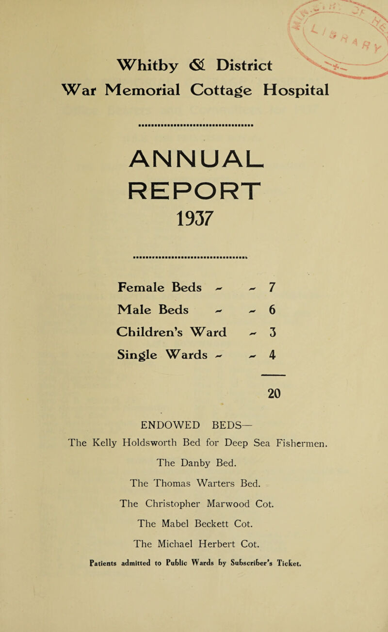 War Memorial Cottage Hospital ANNUAL REPORT 1937 Female Beds - - 7 Male Beds - ^ 6 Children’s Ward - 3 Single Wards - — 4 20 ENDOWED BEDS— The Kelly Holdsworth Bed for Deep Sea Fishermen. The Danby Bed. The Thomas Warters Bed. The Christopher Marwood Cot. The Mabel Beckett Cot. The Michael Herbert Cot. Patients admitted to Public Wards by Subscriber’s Ticket.