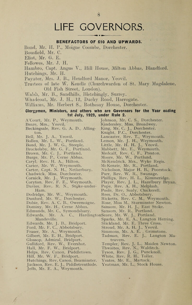 LIFE GOVERNORS. BENEFACTORS OF £10 AND UPWARDS. Bond, Mr. H. P., Moigne Coorhbe, Dorchester. Bousbeld, Mr. C. Eliot, Mr. G. E. Fellowes, Mr. J. H. Hambro, Capt. Angus V., Hill House, Milton Abbas, Blandford. Hutchings, Mr. H. Paynter, Mrs. J. B., Hendforcl Manor, Yeovil. Trustees of late W. Kendle (Churchwarden of St. Mary Magdalene, Old Fish Street, London). Walsh, Mr. B., Sandhills, Bletchingly, Surrey. Whadcoat, Mr. J. IT., 12, Duchy Road, Harrogate. Williams, Mr. Herbert S., Rothesay House, Dorchester. Clergymen, Ministers, and others who are Governors for the Year ending 1st July, 192S, under Rule 2. A’Court, Mr. P., Weymouth. Beare, Mrs., Yeovil. Johnson, Mr. C. S., Dorchester. Kindersley, Miss, Broadwey. Beckingsale, Rev. G. A. D., Ailing- King, Mr. C. J., Dorchester. ton. Bell, Mr. J. A., Yeovil. Bollen, Mr. L. W., Portland. Bond, Mr. J. W. G., Steeple. Brockelsby, Mr. G. F., Portland. Brown, Mr. C. j., Portland. Burge, Mr. P., Cerne Abbas. Caryl, Rev. H. A., Hilton. Carter, Mr. W., Weymouth. Carter, Capt. N. H., Netherbury. Chadwick, Miss, Dorchester. Cornick, Mr. J., Weymouth. Coryton, Rev. F. E., Weymouth. Davies, Rev. R. N., Stpke-under- Ham. Dodridge, Mr. W., Weymouth. Dunford, Mr. W., Dorchester. Dobie, Rev. A. C. B., Owermoigne. Dominy, Mr. H., Cerne Abbas. Edmunds, Mr. C., Symondsbury. Knight, P.C., Dorchester. Lancaster, Rev. T., Weymouth. Lemon, Mr. j. H., Weymouth. Little, Mr. H. H. J., Yeovil. Mabbett, Mr. E., Weymouth. Medcalf, Rev. C. F., Preston. Moore, Mr. W., Portland. McKendrick, Mrs., Wyke Regis. McKenzie, Mr. R., Portland. Nicholson, Major H. B., Poorstock. Parr, Rev. W. R., Swanage. Phillips, Rev. H. L., Kimmeridge. Player, Rev. J. L., Hazelbury Bryan. Pope, Rev. A. H., Melplash. Poole, Rev. Sealy, Chickereli. Rees, Dr. O., Abbotsbury. Ricketts, Rev. C. M., Weymouth. Rose, Miss M., Sturminster Newton. Sansom, Mr. H. J., East Stoke. Sansom, Mr. R., Portland. Edwards, Mr. A. C., HardingtonScore, Mr. W. J., Portland. Mandeville. Edwards, Mr. J. B., Bridport. Ford, Mr. F. C., Abbotsbury. Fraser, Mr. A., Weymouth. Gilbert, Mr. E. H., Bridport. Glossop, Admiral, Bridport. Gulliford, Rev. W., Evershot. Hall, Mr. F. W., Bridport. Helps, Rev. Canon, Puddletown. Hill, Mr. W. F., Bridport. Sparks, Mr. E. A., Langton Herring. Stickland, Mr. E. Three Cross. Stroud, Mr. A. H. J., Yeovil. Simmons, Mr. A. E. , Grimstone. Tadman, Rev. E. J., Langton Ma- t ravers. Templer, Rev. J. L., Maiden Newton. Thwaites, Rev. N., Walditch. Tyson, Rev. J. G., Puncknoll. White, Rev. R. H., Toller. Hutchings, Rev. Canon, Beaminster. Yeates, Mr. E., Martock. Jackson, Rev. E. J., Piddletrenthide. Yeatman, Mr. L., Stock House. Jeffs, Mr. E. A., Weymouth.