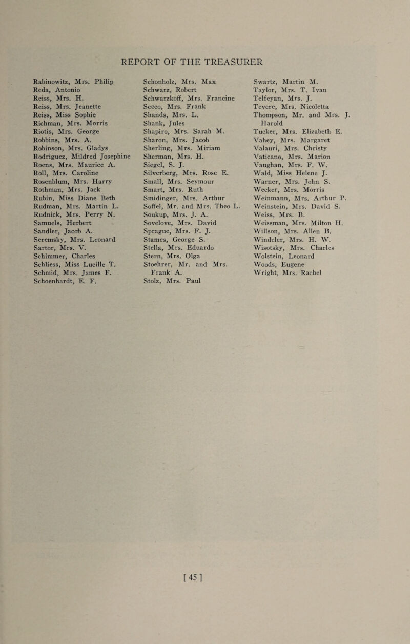 Rabinowitz, Mrs. Philip Reda, Antonio Reiss, Mrs. H. Reiss, Mrs. Jeanette Reiss, Miss Sophie Richman, Mrs. Morris Riotis, Mrs. George Robbins, Mrs. A. Robinson, Mrs. Gladys Rodriguez, Mildred Josephine Roens, Mrs. Maurice A. Roll, Mrs. Caroline Rosenblum, Mrs. Harry Rothman, Mrs. Jack Rubin, Miss Diane Beth Rudman, Mrs. Martin L. Rudnick, Mrs. Perry N. Samuels, Herbert Sandler, Jacob A. Seremsky, Mrs. Leonard Sartor, Mrs. V. Schimmer, Charles Schliess, Miss Lucille T. Schmid, Mrs. James F. Schoenhardt, E. F. Schonholz, Mrs. Max Schwarz, Robert Schwarzkoff, Mrs. Francine Secco, Mrs. Frank Shands, Mrs. L. Shank, Jules Shapiro, Mrs. Sarah M. Sharon, Mrs. Jacob Sherling, Mrs. Miriam Sherman, Mrs. H. Siegel, S. J. Silverberg, Mrs. Rose E. Small, Mrs. Seymour Smart, Mrs. Ruth Smidinger, Mrs. Arthur Soffel, Mr. and Mrs. Theo L. Soukup, Mrs. J. A. Sovelove, Mrs. David Sprague, Mrs. F. J. Starnes, George S. Stella, Mrs. Eduardo Stern, Mrs. Olga Stoehrer, Mr. and Mrs. Frank A. Stolz, Mrs. Paul Swartz, Martin M. Taylor, Mrs. T. Ivan Telfeyan, Mrs. J. Tevere, Mrs. Nicoletta Thompson, Mr. and Mrs. J. Harold Tucker, Mrs. Elizabeth E. Vahey, Mrs. Margaret Valauri, Mrs. Christy Vaticano, Mrs. Marion Vaughan, Mrs. F. W. Wald, Miss Helene J. Warner, Mrs. John S. Wecker, Mrs. Morris Weinmann, Mrs. Arthur P. Weinstein, Mrs. David S. Weiss, Mrs. B. Weissman, Mrs. Milton H. Willson, Mrs. Allen B. Windeler, Mrs. H. W. Wisotsky, Mrs. Charles Wolstein, Leonard Woods, Eugene Wright, Mrs. Rachel