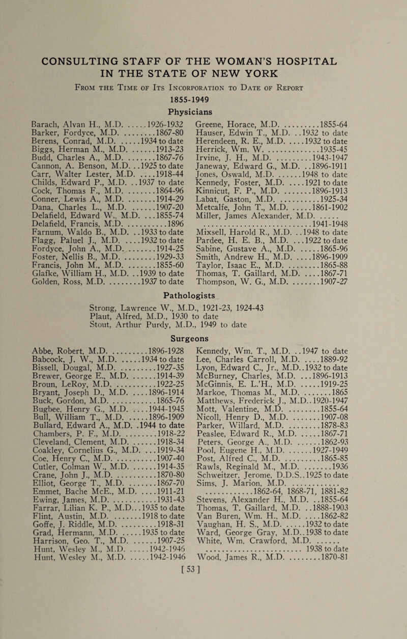 IN THE STATE OF NEW YORK From the Time of Its Incorporation to Date of Report 1855-1949 Physicians Barach, Alvan H., M.D.1926-1932 Barker, Fordyce, M.D.1867-80 Berens, Conrad, M.D.1934 to date Biggs, Herman M., M.D.1913-23 Budd, Charles A., M.D.1867-76 Cannon, A. Benson, M.D. .,1925 to date Carr, Walter Lester, M.D.1918-44 Childs, Edward P., M.D. ..1937 to date Cock, Thomas F., M.D.1864-96 Conner, Lewis A., M.D.1914-29 Dana, Charles L., M.D.1907-20 Delafield, Edward W., M.D, ...1855-74 Delafield, Francis, M.D.1896 Farnum, Waldo B., M.D. ..1933 to date Flagg, Paluel J., M.D.1932 to date Fordyce, John A., M.D.1914-25 Foster, Nellis B., M.D.1929-33 Francis, John M., M.D.1855-60 Glafke, William H., M.D. . .1939 to date Golden, Ross, M.D.1937 to date Greene, Horace, M.D.1855-64 Hauser, Edwin T., M.D. .. 1932 to date Herendeen, R. E., M.D.1932 to date Herrick. Wm. W.1935-45 Irvine, J. H., M.D.1943-1947 Janeway, Edward G., M.D. ..1896-1911 Jones, Oswald, M.D.1948 to date Kennedy, Foster, M.D.1921 to date Kinnicut, F. P., M.D.1896-1913 Labat, Gaston, M.D.1925-34 Metcalfe, John T., M.D.1861-1902 Miller, James Alexander, M.D. .1941-1948 Mixsell, Harold R., M.D. . .1948 to date Pardee, H. E. B., M.D. ... 1922 to date Sabine, Gustave A., M.D.1865-96 Smith, Andrew H., M.D.1896-1909 Taylor, Isaac E., M.D.1865-88 Thomas, T. Gaillard, M.D.1867-71 Thompson, W. G., M.D.1907-27 Pathologists Strong, Lawrence W., M.D., 1921-23, 1924-43 Plant, Alfred, M.D., 1930 to date Stout, Arthur Purdy, M.D., 1949 to date Surgeons Abbe, Robert, M.D.1896-1928 Babcock, J. W., M.D.1934 to date Bissell, Dougal, M.D.1927-35 Brewer, George E., M.D.1914-39 Broun, LeRoy, M.D.1922-25 Bryant, Joseph D., M.D.1896-1914 Buck, Gordon, M.D.1865-76 Bugbee, Henry G., M.D.1944-1945 Bull, William T., M.D.1896-1909 Bullard, Edward A., M.D. .1944 to date Chambers, P. F., M.D.1918-22 Cleveland, Clement, M.D.1918-34 Coakley, Cornelius G., M.D. ...1919-34 Coe. Henry C., M.D.1907-40 Cutler, Colman W., M.D.1914-35 Crane, John J., M.D.1870-80 Elliot, George T., M.D.1867-70 Emmet, Bache McE., M.D.1911-21 Ewing, James, M.D.1931-43 Farrar, Lilian K. P., M.D... 1935 to date Flint, Austin, M.D.1918 to date Goffe, J. Riddle, M.D.1918-31 Grad, Hermann, M.D.1935 to date Harrison, Geo. T., M.D.1907-25 Hunt, Wesley M., M.D.1942-1946 Hunt, Wesley M., M.D.1942-1946 Kennedy, Wm. T., M.D. .. 1947 to date Lee, Charles Carroll, M.D.1889-92 Lyon, Edward C., Jr., M.D.. 1932 to date McBurney, Charles, M.D. ...1896-1913 McGinnis, E. L.’H., M.D.1919-25 Markoe, Thomas M., M.D.1865 Matthews, Frederick J., M.D.. 1920-1947 Mott, Valentine, M.D.1855-64 Nicoll, Henry D., M.D.1907-08 Parker, Willard, M.D.1878-83 Peaslee, Edward R., M.D.1867-71 Peters. George A., M.D.1862-93 Pool, Eugene H., M.D.1927-1949 Post, Alfred C, M.D.1865-85 Rawls, Reginald M., M.D.1936 Schweitzer, Jerome, D.D.S.. 1925 to date Sims, J. Marion, M.D. .1862-64, 1868-71. 1881-82 Stevens, Alexander H., M.D. ..1855-64 Thomas, T. Gaillard, M.D. ..1888-1903 Van Buren, Wm. H., M.D.1862-82 Vaughan, H. S., M.D.1932 to date Ward, George Gray, M.D.. 1938 to date White, Wm. Crawford, M.D. . 1938 to date Wood. James R., M.D.1870-81 [53]