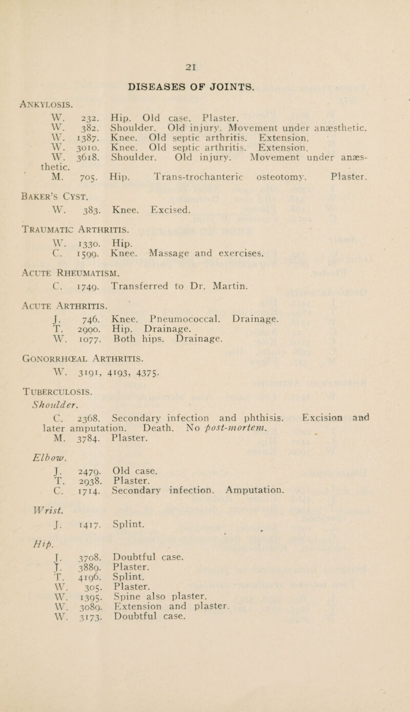 DISEASES OF JOINTS. Ankylosis. w. 232. Hip. Old case. Plaster. w. 382. Shoulder. Old injury. Movement under anaesthetic. w. 1387. Knee. Old septic arthritis. Extension. w. 3010. Knee. Old septic arthritis. Extension. w. 3618. Shoulder. Old injury. Movement under anaes- thetic. M. 705. Hip. Trans-trochanteric osteotomy. Plaster. Baker’s Cyst. W. 383. Knee. Excised. Traumatl c Arthritis. W. 1330. Hip. c. 1599. Knee. Massage and exercises. Acute Rheumatism. C. 1749. Transferred to Dr. Martin. Acute Arthritis J. 746. Knee. Pneumococcal. Drainage. T. 2900. Hip. Drainage. W. 1077. Both hips. Drainage. Gonorrhceal Arthritis. W. 319c 4193, 4375- Tuberculosis. Shoulder. C. 2368. Secondary infection and phthisis. Excision and later amputation. Death. No post-mortem. M. 3784- Plaster. Elbow. J- 2479. Old case. T. 2938. Plaster. C. 1714. Secondary infection. Amputation. Wrist. J- 1417- Splint. * Hip. J. 3708. Doubtful case. T. 3889. Plaster. T. 4196. Splint. W. 305- Plaster. w. 1395- Spine also plaster. w. 3089. Extension and plaster. w. 3173- Doubtful case.