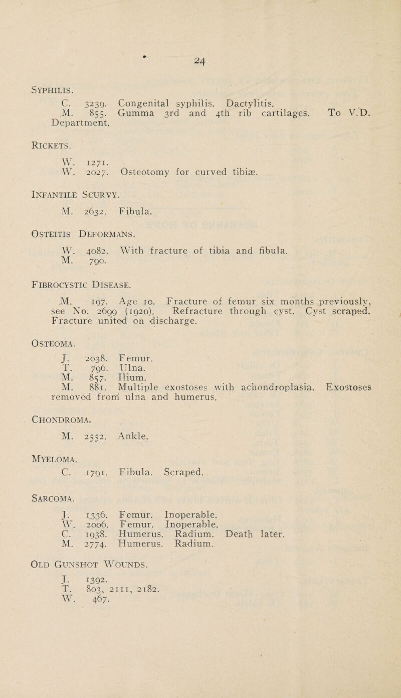 Syphilis. C. 3239. Congenital syphilis. Dactylitis. ,M. 855. Gumma 3rd and 4th rib cartilages. To Y7. D. Department. Rickets. AV. 1271. W. 2027. Osteotomy for curved tibiae. Infantile Scurvy. M. 2632. Fibula. Osteitis Deformans. W. 4082. With fracture of tibia and fibula. M. 790. Fibrocystic Disease. M. 197. Age 10. Fracture of femur six months previously, see No. 2699 (1920). Refracture through cyst. Cyst scraped. Fracture united on discharge. Osteoma. J. 2038. Femur. T. 796. Ulna. M. 857. Ilium. M. 881. Multiple exostoses with achondroplasia. Exostoses removed from ulna and humerus. Chondroma. M. 2552. Ankle. Myeloma. C. 1791. Fibula. Scraped. Sarcoma. J. 1336. Femur. Inoperable. W. 2006. Femur. Inoperable. C. 1938. Humerus. Radium. Death later. M. 2774. Humerus. Radium. Old Gunshot AA^ounds. J- 1392. T. 803, 2111, 2182. W. 467.