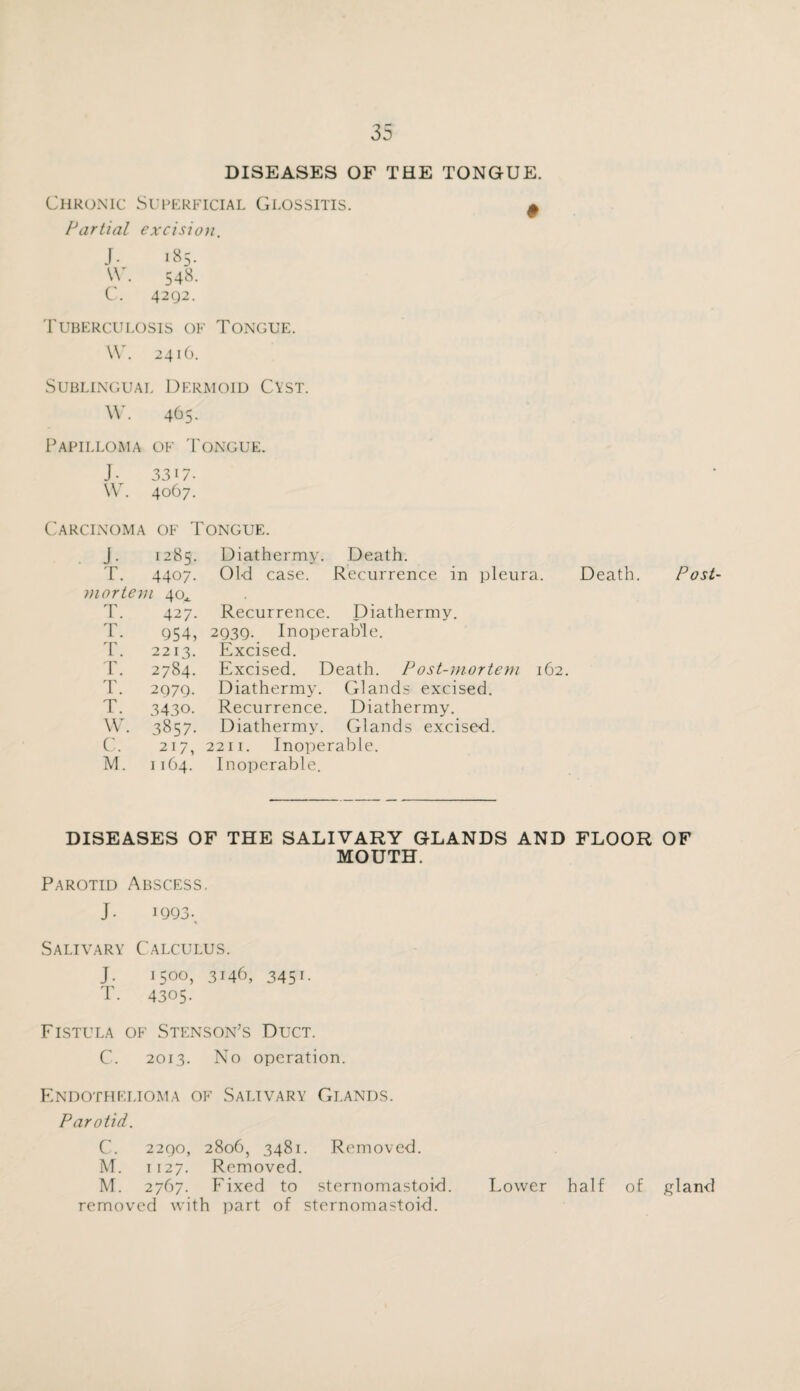 DISEASES OF THE TONGUE. Chronic Superficial Glossitis. Partial excision. 185. 548. J- \V. C. 4292. Tuberculosis of Tongue. W. 2416. Sublingual Dermoid Cyst. W. 465. Papilloma of Tongue. J. 3317. W. 4067. Carcinoma of Tongue. . J. 1285. Diathermy. Death. T. 4407. Old case. Recurrence in pi mortem 40^. T. 427. Recurrence. Diathermy. T. g54, 2939. Inoperable. T. 2213. Excised. T. 2784. Excised. Death. P ost-morti T. 2979. Diathermy. Glands excised. T. 3430. Recurrence. Diathermy. W. 3857. Diathermy. Glands excised. C. 217, 2211. Inoperable. M. 1164. Inoperable. Death. Post- 162. DISEASES OF THE SALIVARY GLANDS AND FLOOR OF MOUTH. Parotid Abscess. J- 1993. Salivary Calculus. J. 1500, 3146, 3451. T. 4305. Fistula of Stenson’s Duct. C. 2013. No operation. Endothelioma of Salivary Glands. Parotid. C. 2290, 2806, 3481. Removed. M. 1127. Removed. M. 2767. Fixed to sternomastoid. Lower half of gland removed with part of sternomastoid.