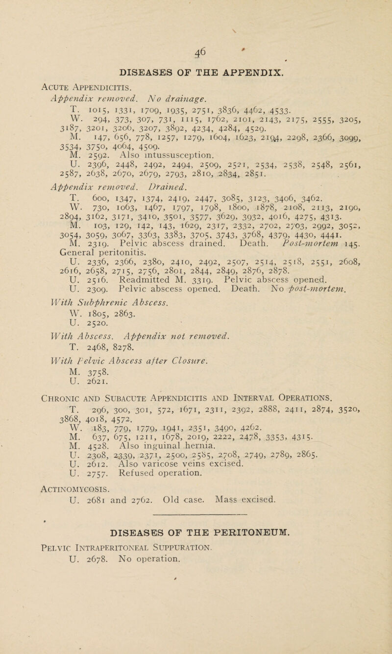 \ 46 0 DISEASES OF THE APPENDIX. Acute Appendicitis. Appendix removed. No drainage. T. 1015, 1331, 1709, 1935, 2751, 3836, 4462, 4533. W. 294, 373, 307, 731, 1115, 1762, 2101, 2143, 2175, 2555, 3205, 3187, 3201, 3206, 3207, 3892, 4234, 4284, 4529. M. 147, 656, 778, 1257, 1279, 1604, 1623, 21Q4, 2298, 2366, 3099, 3534, 3750, 4064, 4509. M. 2592. Also intussusception. U. 2396, 2448, 2492, 2494, 2509, 2521, 2534, 2538, 2548, 2561, 2587, 2638, 2670, 2679, 2793, 2810, 2834, 2851. Appendix removed. Drained. T. 600, 1347, 1374, 2419, 2447, 3085, 3123, 3406, 3462. W. 730, 1063, 1467, 1797, 1798, 1800, 1878, 2108, 2113, 2190, 2894, 3162, 3171, 3410, 35QI, 3577, 3629, 3932, 4016, 4275, 4313. M. 103, 129, 142, M3, 1629, 2317, 2332, 2702, 2703, 2992, 3052, 3054, 3059, 3067, 3363, 3383, 3705, 3743, 3768, 4379, 4430, 4441. M. 2319. Pelvic abscess drained. Death. Post-mortem 145. General peritonitis. U. 2336, 2366, 2380, 2410, 2492, 2507, 2514, 2518, 2551, 2608, 2616, 2658, 2715, 2756, 2801, 2844, 2849, 2876, 2878. U. 2516. Readmitted M. 3319. Pelvic abscess opened. U. 2309. Pelvic abscess opened. Death. No 'post-mortem. With Snbphrenic Abscess. W. 1805, 2863. U. 2520. With Abscess. Appendix not removed. T. 2468, 8278. With pelvic Abscess after Closure. M. 3758. U. 2621. Chronic and Subacute Appendicitis and Interval Operations. T. 296, 300, 301, 572, 1671, 2311, 2392, 2888, 2411, 2874, 3520, 3868, 4018, 4572. W. 183, 779, 1779, I94D 2351, 3490, 4262. M. 637, 675, 1211, 1678, 2019, 2222, 2478, 3353, 4315. M. 4528. Also inguinal hernia. U. 2308, 2339, 2371, 2500, 2585, 2708, 2749, 2789, 2865. U. 2612. Also varicose veins excised. U. 2757. Refused operation. Actinomycosis. U. 2681 and 2762. Old case. Mass excised. DISEASES OF THE PERITONEUM. Pelvic Intraperitoneal Suppuration.