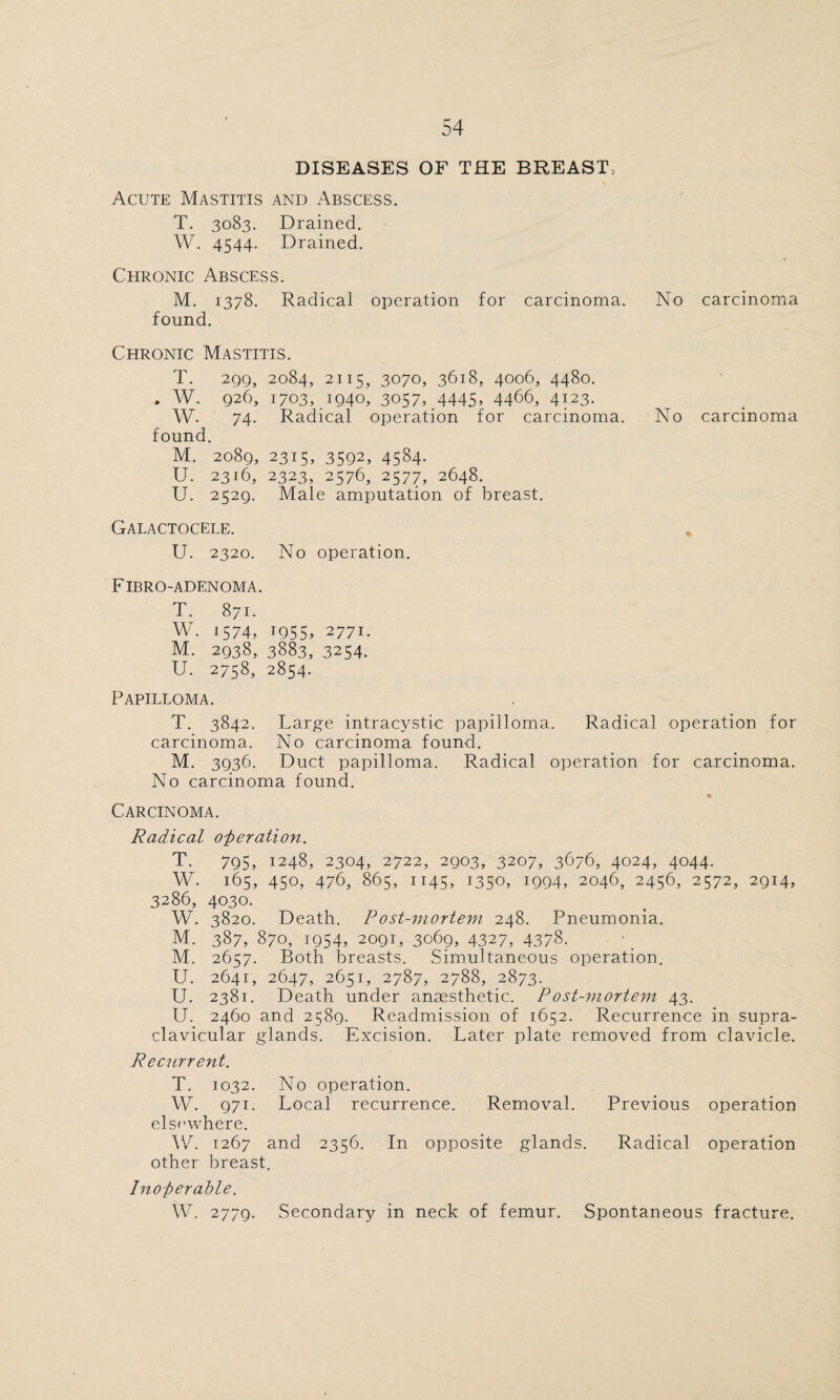 DISEASES OF THE BREAST, Acute Mastitis and Abscess. T. 3083. Drained. W. 4544. Drained. Chronic Abscess. M. 1378. Radical operation for carcinoma. No carcinoma found. Chronic Mastitis. T. 2QQ, 2084, 2115, 3070, 3618, 4006, 4480. . W. 926, 1703, 1940, 3057, 4445, 4466, 4123. W. 74. Radical operation for carcinoma. No carcinoma found. M. 2089, 2315, 3592, 4584. U. 2316, 2323, 2576, 2577, 2648. U. 2529. Male amputation of breast. Galactocele. U. 2320. No operation. Fibro-adenoma. T. 871. W. 1574, t955j 2771. M. 2938, 3883, 3254. U. 2758, 2854. Papilloma. T. 3842. Large intracystic papilloma. Radical operation for carcinoma. No carcinoma found. M. 3936. Duct papilloma. Radical operation for carcinoma. No carcinoma found. Carcinoma. Radical operation. T. 795, 1248, 2304, 2722, 2903, 3207, 3676, 4024, 4044. W. 165, 450, 476, 865, 1145, 1350, 1994, 2046, 2456, 2572, 2914, 3286, 4030. W. 3820. Death. Post-mortem 248. Pneumonia. M. 387, 870, 1954, 2091, 3069, 4327, 4378. M. 2657. Both breasts. Simultaneous operation. U. 2641, 2647, 2651, 2787, 2788, 2873. U. 2381. Death under anaesthetic. Post-mortem 43. U. 2460 and 2589. Readmission of 1652. Recurrence in supra¬ clavicular glands. Excision. Later plate removed from clavicle. Recurrent. T. 1032. No operation. W. 971. Local recurrence. Removal. Previous operation elsewhere. W. 1267 and 2356. In opposite glands. Radical operation other breast. Inoperable. W. 2779. Secondary in neck of femur. Spontaneous fracture.