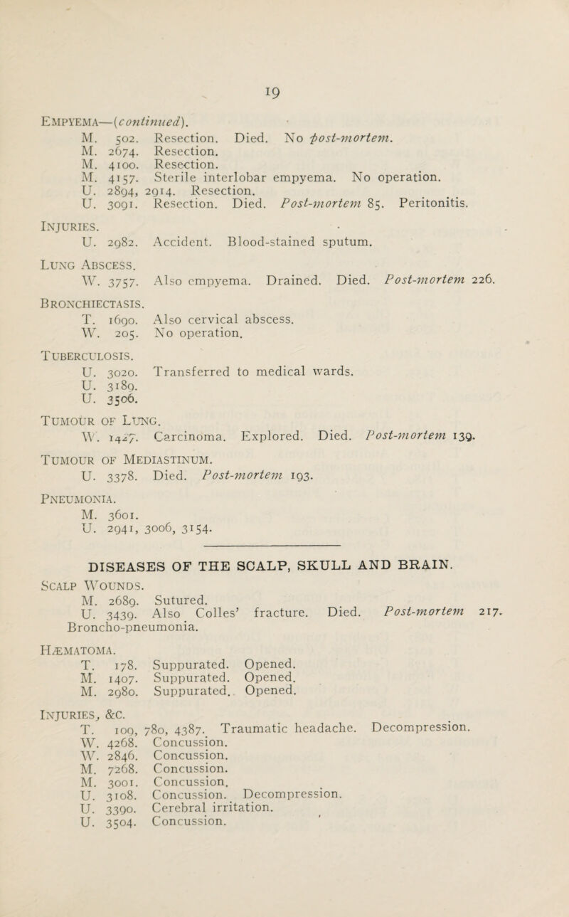 Empyema—(continued). M. 502. Resection. Died. No -post-mortem. M. 2674. Resection. M. 4100. Resection. M. 4157. Sterile interlobar empyema. No operation. U. 2894, 2914. Resection. U. 3091. Resection. Died. Post-mortem 85. Peritonitis. Injuries. U. 2982. Accident. Blood-stained sputum. Lung Abscess. W. 3757. Also empyema. Drained. Died. Post-mortem 226. Bronchiectasis. T. 1690. Also cervical abscess. W. 205. No operation. Tuberculosis. U. 3020. Transferred to medical wards. U. 3189. U. 3506- Tumour of Lung. YY. 14^7. Carcinoma. Explored. Died. Post-mortem 139. Tumour of Mediastinum. U. 3378. Died. Post-mortem 193. Pneumonia. M. 3601. U. 2941, 3006, 3154. DISEASES OF THE SCALP, SKULL AND BRAIN. Scalp Wounds. M. 2689. Sutured. U. 3439. Also Colles’ fracture. Died. Post-mortem 217. Broncho-pneumonia. PLematoma. T. 178. Suppurated. Opened. M. 1407. Suppurated. Opened. M. 2980. Suppurated. Opened. Injuries, &c. T. 109, W. 4268. W. 2846. M. 7268. M. 3001. U. 3108. U. 3390. U. 35°4- 780, 4387. Traumatic headache. Concussion. Concussion. Concussion. Concussion. Concussion. Decompression. Cerebral irritation. Concussion. Decompression.