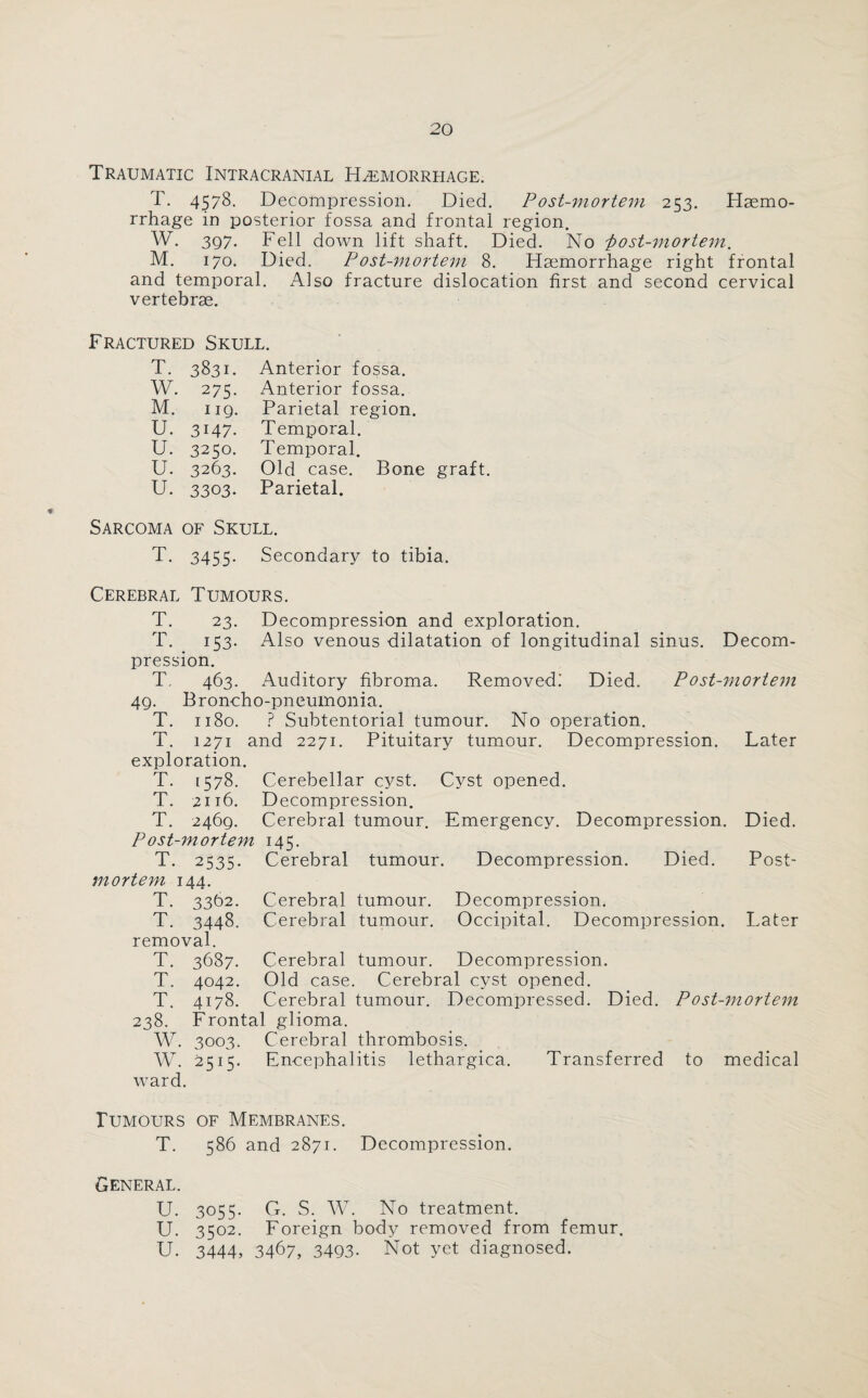 Traumatic Intracranial Haemorrhage. T. 4578. Decompression. Died. Post-mortem 253. Haemo¬ rrhage in posterior fossa and frontal region. W. 397. Fell down lift shaft. Died. No 'post-mortem. M. 170. Died. Post-mortem 8. Haemorrhage right frontal and temporal. Also fracture dislocation first and second cervical vertebrae. Fractured Skull. T. 3831. Anterior fossa. W. 275. Anterior fossa. M. 119. Parietal region. U. 3147. Temporal. u. 3250. Temporal. u. 3263. Old case. Bone u. 3303. Parietal. Sarcoma of Skull. T. 3455- Secondary to tibia. Cerebral Tumours. T. 23. Decompression and exploration. T. 153. Also venous dilatation of longitudinal sinus. Decom¬ pression. T. 463. Auditory fibroma. Removed! Died. Post-mortem 4g. Broncho-pneumonia. T. 1180. ? Subtentorial tumour. No operation. T. 1271 and 2271. Pituitary tumour. Decompression. Later exploration. T. 1578. Cerebellar cyst. Cyst opened. T. 2116. Decompression. T. 2469. Cerebral tumour. Emergency. Decompression. Died. P ost-mortem 145. T. 2535. Cerebral tumour. Decompression. Died. Post- m or tern 144. T. 3362. T. 3448. removal. T. 3687. T. T. 238. Cerebral tumour. Cerebral tumour. Decompression. Died. Decompression. Occipital. Decompression. Lab 4042. 4178. Cerebral tumour. Decompression. Old case. Cerebral cyst opened. Cerebral tumour. Decompressed. Died Frontal glioma. W. 3003. Cerebral thrombosis. W. 2515. Encephalitis lethargica. Post-mortem Transferred to medical ward. Tumours of Membranes. T. 586 and 2871. Decompression. General. U. 3055. G. S. W. No treatment. U. 3502. Foreign body removed from femur. U. 3444, 3467, 3493- Not yet diagnosed.