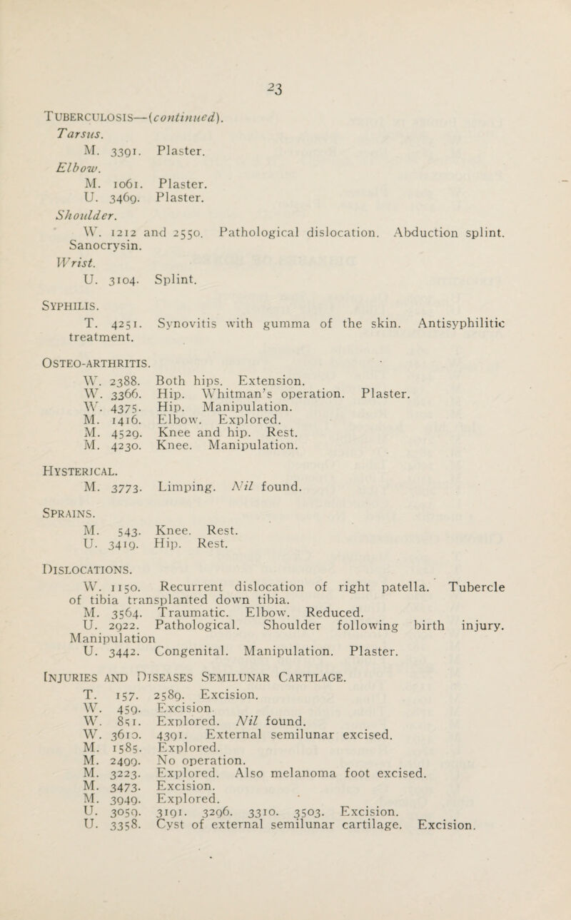 Tuberculosis—(continued). Tarsus. M. 33Q1. Plaster. Elbow. M. 1061. Plaster. U. 3469. Plaster. Shoulder. W. 1212 and 2550. Pathological dislocation. Abduction splint. Sanocrysin. Wrist. U. 3104. Splint. Syphilis. T. 4251. Synovitis with gumma of the skin. Antisyphilitic treatment. OSTEO-ARTHRITIS. W. 2388. W. 3366. AV. 4375. M. 1416. M. 4529. M. 4230. Both hips. Extension. Hip. Whitman’s operation. Hip. Manipulation. Elbow. Explored. Knee and hip. Rest. Knee. Manipulation. Plaster. Hysterical. M. 3773. Limping. Nil found. Sprains. M. 543. Knee. Rest. U. 3419. Hip. Rest. Dislocations. W. 1150. Recurrent dislocation of right patella. Tubercle of tibia transplanted down tibia. M. 3564. Traumatic. Elbow. Reduced. U. 2922. Pathological. Shoulder following birth injury. Manipulation U. 3442. Congenital. Manipulation. Plaster. Injuries and Diseases Semilunar Cartilage. T. 157. 2589. Excision. W. 459- Excision. W. 8u. Explored. Nil found. W. 3610. 4391. External semilunar excised. M. 1585. Explored. M. 2409. No operation. M. 3223. Explored. Also melanoma foot excised. M. 3473- Excision. M. 3949. Explored. U. 3059. 3191. 3296. 3310. 3503. Excision.