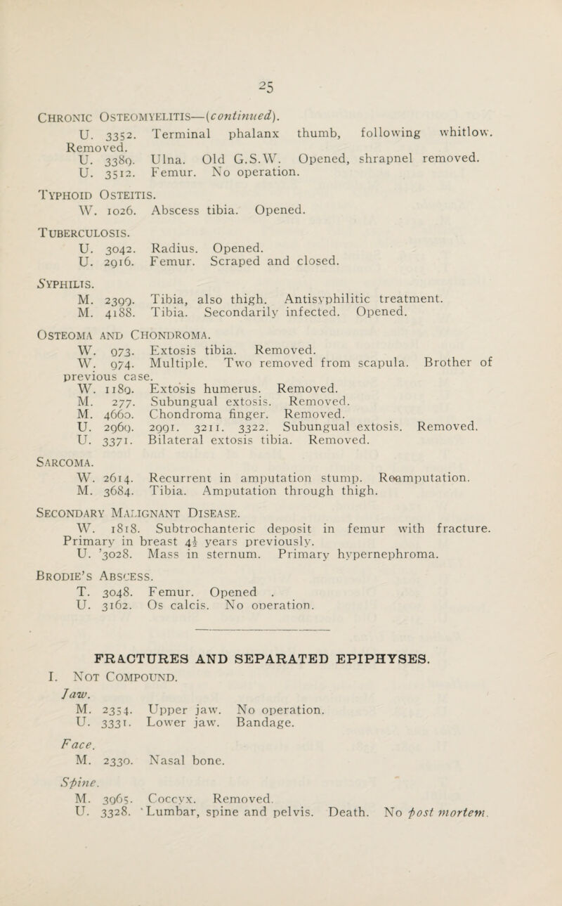 Chronic Osteomyelitis—{continued,). U. 3352. Terminal phalanx thumb, following whitlow. Removed. U. 3380. Ulna. Old G.S.W. Opened, shrapnel removed. U. 3512. Femur. No operation. Typhoid Osteitis. W. 1026. Abscess tibia. Opened. Tuberculosis. U. 3042. Radius. Opened. U. 2qi6. Femur. Scraped and closed. Syphilis. M. 2399. Tibia, also thigh. Antisyphilitic treatment. M. 4188. Tibia. Secondarily infected. Opened. Osteoma and Chondroma. W. 073. Extosis tibia. Removed. W. 974. Multiple. Two removed from scapula. Brother of previous case. W. ii8q. Extosis humerus. Removed. M. 277. Subungual extosis. Removed. M. 4660. Chondroma finger. Removed. U. 2969. 2991. 3211. 3322. Subungual extosis. Removed. U. 3371. Bilateral extosis tibia. Removed. Sarcoma. W. 2614. Recurrent in amputation stump. Reamputation. M. 3684. Tibia. Amputation through thigh. Secondary Malignant Disease. W. 1818. Subtrochanteric deposit in femur with fracture. Primary in breast \\ years previously. U. ’3028. Mass in sternum. Primary hypernephroma. Brodie’s Abscess. T. 3048. Femur. Opened . U. 3162. Os calcis. No ooeration. FRACTURES AND SEPARATED EPIPHYSES. I. Not Compound. Jaw. M. 235T U. 333D Face. M. 2330. Sjine. M. 3965. U. 3328. Upper jaw. No operation. Lower jaw. Bandage. Nasal bone. Coccyx. Removed. 'Lumbar, spine and pelvis. Death. No fost mortem.