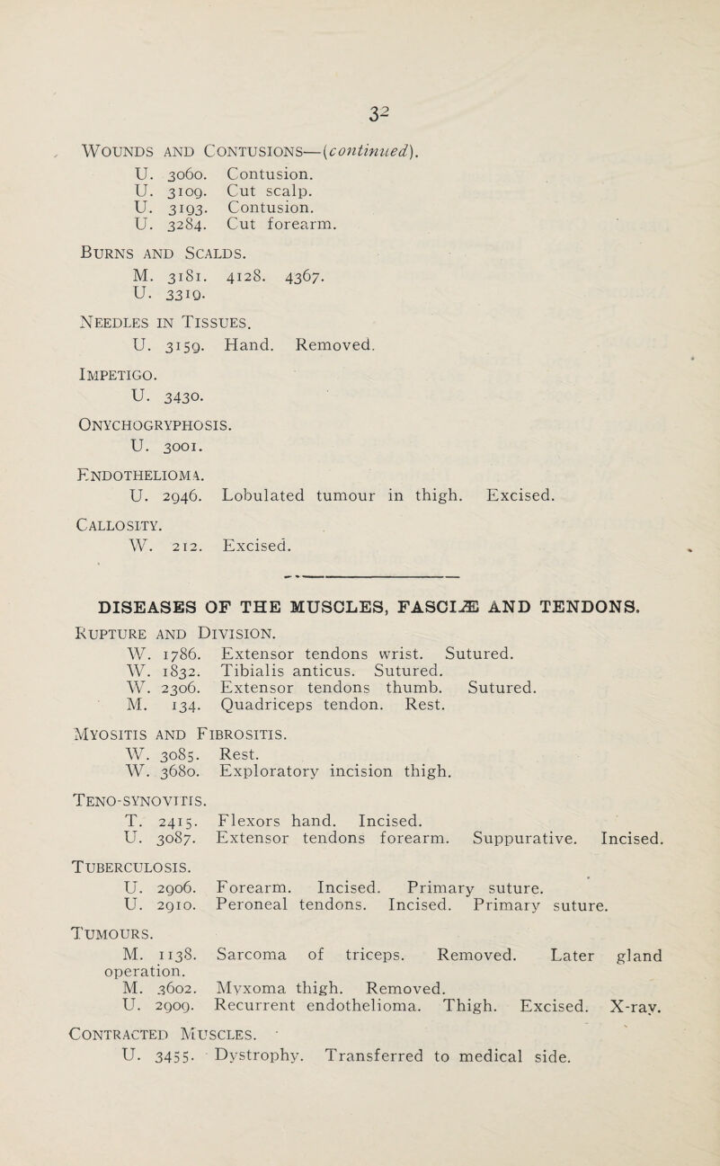 Wounds and Contusions—(continued). U. 3060. Contusion. U. 310Q. Cut scalp. U. 3193. Contusion. U. 3284. Cut forearm. Burns and Scalds. M. 3181. 4128. 4367. U. 3319- Needles in Tissues. U. 3159. Hand. Removed. Impetigo. U. 3430. Onychogryphosis. U. 3001. Endothelioma. U. 2946. Lobulated tumour in thigh. Excised. Callosity. W. 212. Excised. DISEASES OF THE MUSCLES, FASCI2E AND TENDONS. Rupture and Division. W. 1786. Extensor tendons wrist. Sutured. W. 1832. Tibialis anticus. Sutured. W. 2306. Extensor tendons thumb. Sutured. M. 134. Quadriceps tendon. Rest. Myositis and Fibrositis. W. 3085. Rest. W. 3680. Exploratory incision thigh. Teno-synovitis. T. 2415. Flexors hand. Incised. U. 3087. Extensor tendons forearm. Suppurative. Incised. Tuberculosis. U. 2906. Forearm. Incised. Primary suture. U. 2gio. Peroneal tendons. Incised. Primary suture. Tumours. M. 1138. Sarcoma of triceps. Removed. Later gland operation. M. 3602. Myxoma thigh. Removed. U. 2909. Recurrent endothelioma. Thigh. Excised. X-ray. Contracted Muscles. • U. 3455- Dystrophy. Transferred to medical side.