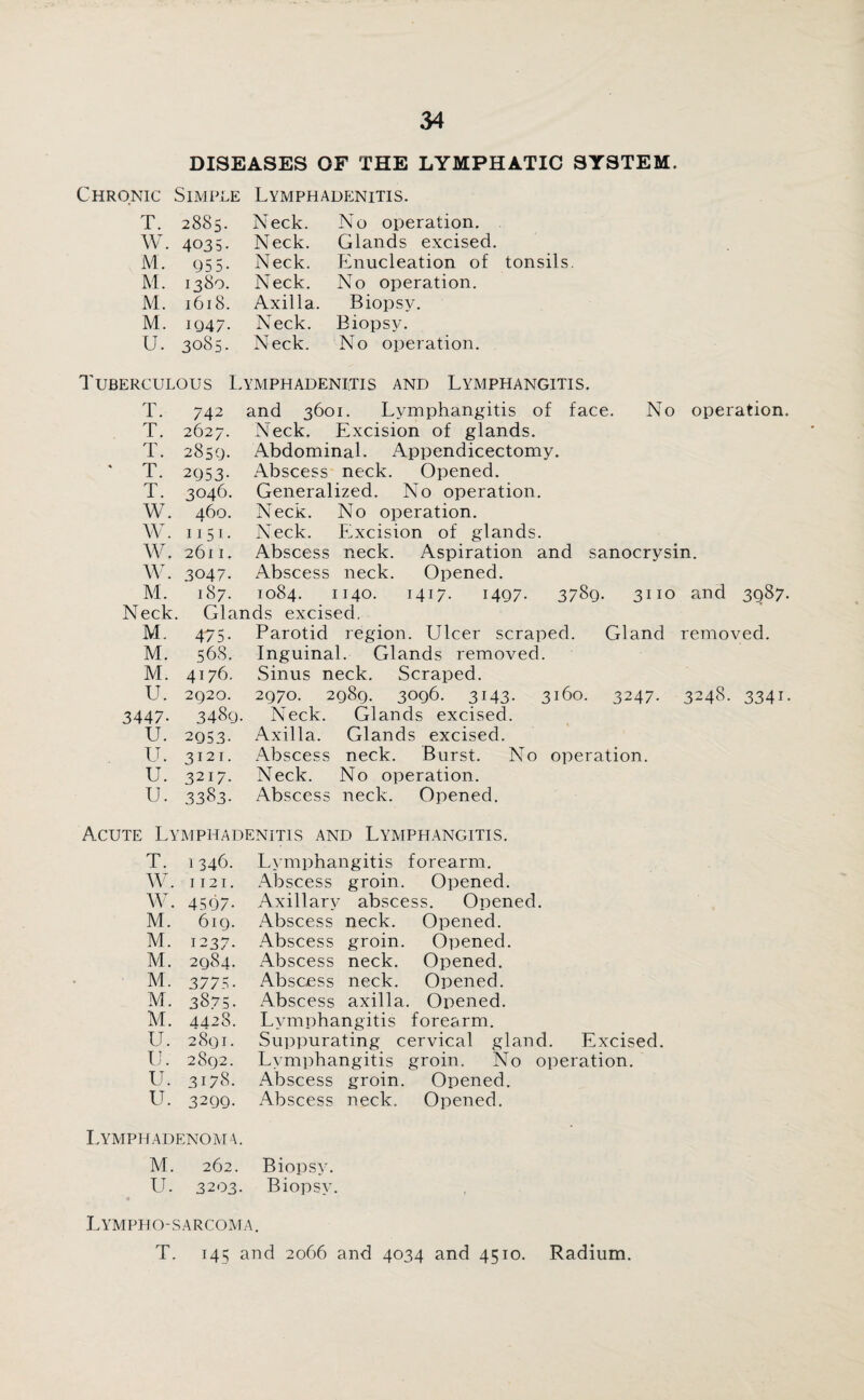 DISEASES OF THE LYMPHATIC SYSTEM. Chronic Simple Lymphadenitis. T. 2885. Neck. No operation. W. 4035. Neck. Glands excised. M. 955. Neck. Enucleation of tonsils M. 1380. Neck. No operation. M. 1618. Axilla. Biopsy. M. 1947. Neck. Biopsy. U. 3085. Neck. No operation. Tuberculous Lymphadenitis and Lymphangitis. T. T. T. T. T. W. W. W. W. M. Neck. M. M. M. U. 3447- U. U. u. u. 742 and 3601. Lymphangitis of face. No operation. 2627. Neck. Excision of glands. 2850. Abdominal. Appendicectomy. 2953. Abscess neck. Opened. 3046. Generalized. No operation. 460. Neck. No operation. 1151. Neck. Excision of glands. 2611. Abscess neck. Aspiration and sanocrysin. 3047. Abscess neck. Opened. 187. 1084. 1140. 1417. 1497. 3789. 3110 and 3987. Glands excised, 475. Parotid region. Ulcer scraped. Gland removed. 568. Inguinal. Glands removed. 4176. Sinus neck. Scraped. 2920. 2970. 2989. 3096. 3143. 3160. 3247. 3248. 3341. 3489. Neck. Glands excised. 2953. Axilla. Glands excised. 3121. Abscess neck. Burst. No operation. 3217. Neck. No operation. 3383. Abscess neck. Opened. Acute Lymphadenitis and Lymphangitis. T. 1346. W. 1121. W. 4597- M. 619. M. 1237- M. 2984. M. 3775 • M. 3873. M. 4428. U. 2891. u. 2892. u. 3178. u. 3299. Lymphadenom 4 M. 262. U. 3203 Lymphangitis forearm. Abscess groin. Opened. Axillary abscess. Opened. Abscess neck. Opened. Abscess groin. Opened. Abscess neck. Opened. Abscess neck. Opened. Abscess axilla. Opened. Lymphangitis forearm. Suppurating cervical gland. Excised. Lymphangitis groin. No operation. Abscess groin. Opened. Abscess neck. Opened. Biopsy. Biopsy. Lymphosarcoma. T. 145 and 2066 and 4034 and 4510. Radium.