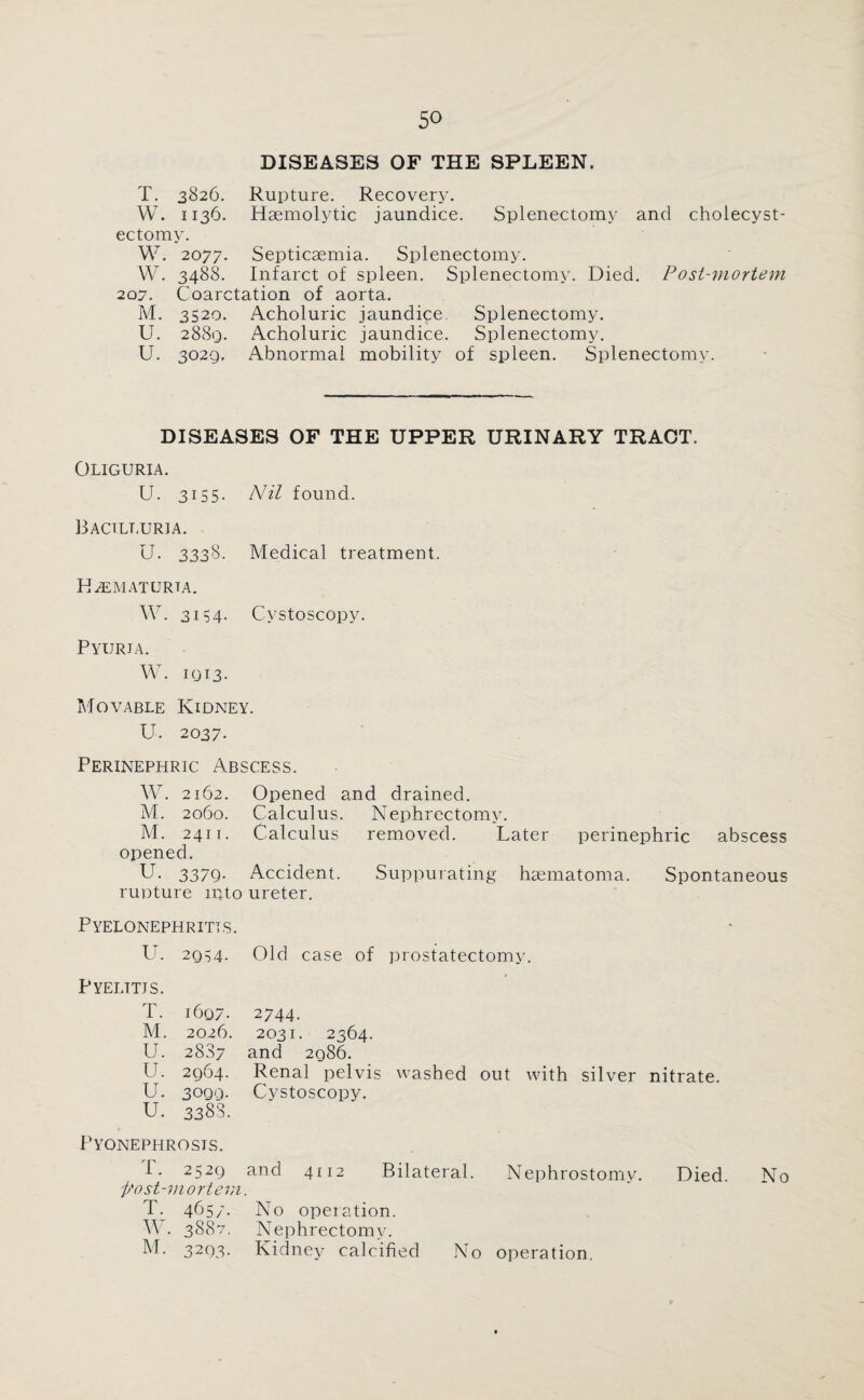 DISEASES OF THE SPLEEN. T. 3826. Rupture. Recovery. W. 1136. Haemolytic jaundice. Splenectomy and cholecyst¬ ectomy. W. 2077. Septicaemia. Splenectomy. W. 3488. Infarct of spleen. Splenectomy. Died. Post-mortem 207. Coarctation of aorta. M. 3520. Acholuric jaundice, Splenectomy. U. 288Q. Acholuric jaundice. Splenectomy. U. 3029. Abnormal mobility of spleen. Splenectomy. DISEASES OF THE UPPER URINARY TRACT. Oliguria. U. 3155. Nil found. B ACTLLURJ A. U. 3338. Medical treatment. H^ematurta. W. 3154. Cystoscopy. Pyuria. W. 1913. Movable Kidney. U. 2037. Perinephric Abscess. W. 2162. Opened and drained. M. 2060. Calculus. Nephrectomy. M. 2411. Calculus removed. Later perinephric abscess opened. U. 3379. Accident. Suppurating haematoma. Spontaneous rupture into ureter. Pyelonephritis. U. 2954. Old case of prostatectomy. Pyelttjs. T. 1607. 2744. M. 2026. 2031. 2364. U. 2887 and 2986. U. 2964. Renal pelvis washed out with silver nitrate. U. 3099. Cystoscopy. U. 3388. Pyonephrosis. I. 2529 and 4112 Bilateral. Nephrostomy. Died. No post-mortem. T; 4657. No operation. W. 3887. Nephrectomy. M. 3293. Kidney calcified No operation.