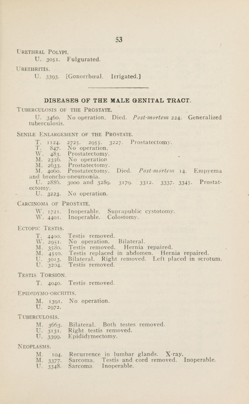 l RETHRAL POLYPI. U. 3051. Fulgurated. Urethritis. U. 3393. [Gonorrhoeal. Irrigated.] DISEASES OF THE MALE GENITAL TRACT. Tuberculosis of the Prostate. U. 3460. No operation. Died. Post-mortem 224. Generalized tuberculosis. Senile Enlargement of the Prostate. T. 1124. 2725. 2955. 3227. Prostatectomy. T. 847. No operation. \Y. 483. Prostatectomy. M. 2356. No operation M. 2633. Prostatectomy. M. 4060. Prostatectomy. Died. Post-mortem 14. Empyema and broncho-nneumonia. U. 2886. 3000 and 3289. 3179. 3312. 3337. 3345. Prostat¬ ectomy. U. 3223. No operation. Carcinoma of Prostate. W. 1721. Inoperable. Suprapublic cystotomy. W. 4401. Inoperable. Colostomy. Ectopic Testis. T. 4400. Testis removed. \Y. 2951. No operation. Bilateral. M. 3580. Testis removed. Hernia repaired. M. 4550. Testis replaced in abdomen. Hernia repaired. U. 3013. Bilateral. Right removed. Left placed in scrotum. U. 3204. Testis removed. Testis Torsion. T. 4040. Testis removed. Epidtdymo-orchttis. M. 1391. No operation. U. 2972. Tuberculosis. M. 3663. Bilateral. Both testes removed. U. 3131. Right testis removed. U. 3399. Epididymectomy. Neoplasms. M. 104. Recurrence in lumbar glands. X-ray. M. 3377. Sarcoma. Testis and cord removed. Inoperable. U. 3348. Sarcoma Inoperable.