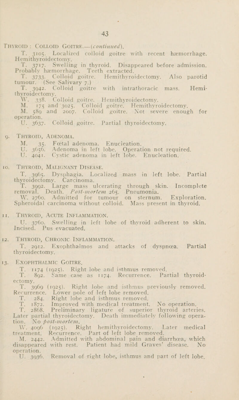 Thyroid : Colloid Goitre.—(continued). T. 3105. Localized colloid goitre with recent haemorrhage. Hemi thyroidectomy. T. 3717. Swelling in thyroid. Disappeared before admission. Probably haemorrhage. Teeth extracted. T. 3733. Colloid goitre. Hemithyroidectomy. Also parotid tumour. (See Salivary 7.) T. 3942. Colloid goitre with intrathoracic mass. Hemi¬ thyroidectomy. W. 338. Colloid goitre. Hemithyroidectomy. M. 17:5 and 3025. Colloid goitre. Hemithyroidectomy. M. 589 and 2007. Colloid goitre. Not severe enough for operation. U. 3637. Colloid goitre. Partial thyroidectomy. 9. Thyroid, Adenoma. M. 35. Foetal adenoma. Enucleation. U. 3656. Adenoma in left lobe. Operation not required. U. 4041. Cystic adenoma in left lobe. Enucleation. 10. Thyroid, Malignant Disease. T. 3965. Dysphagia. Localized mass in left lobe. Partial thyroidectomy. Carcinoma. T. 3992. Large mass ulcerating through skin. Incomplete removal. Death. Post-mortem 265. Pneumonia. W. 2760. Admitted for tumour on sternum. Exploration. Spheroidal carcinoma without colloid. Mass present in thyroid. 11. Thyroid, Acute Inflammation. U. 3760. Swelling in left lobe of thyroid adherent to skin. Incised. Pus evacuated. 12. Thyroid, Chronic Inflammation. T. 2912. Exophthalmos and attacks of dyspnoea. Partial thyroidectomy. 13. Exophthalmic Goitre. T. 1174 (1925). Right lobe and isthmus removed. T. 892. Same case as 1174. Recurrence. Partial thyroid¬ ectomy. T. 3969 (1925). Right lobe and isthmus previously removed. Recurrence. Lower pole of left lobe removed. T. 284. Right lobe and isthmus removed. T. 1872. Improved with medical treatment. No operation. T. 2868. Preliminary ligature of superior thyroid arteries. Later partial thyroidectomy. Death immediately following opera¬ tion. No post-mortem. \\. 4096 (1925). Right hemithyroidectomy. Later medical treatment. Recurrence. Part of left lobe removed. M. 2442. Admitted with abdominal pain and diarrhoea, which disappeared with rest. Patient had mild Graves’ disease. No operation. U. 3936. Removal of right lobe, isthmus and part of left lobe.