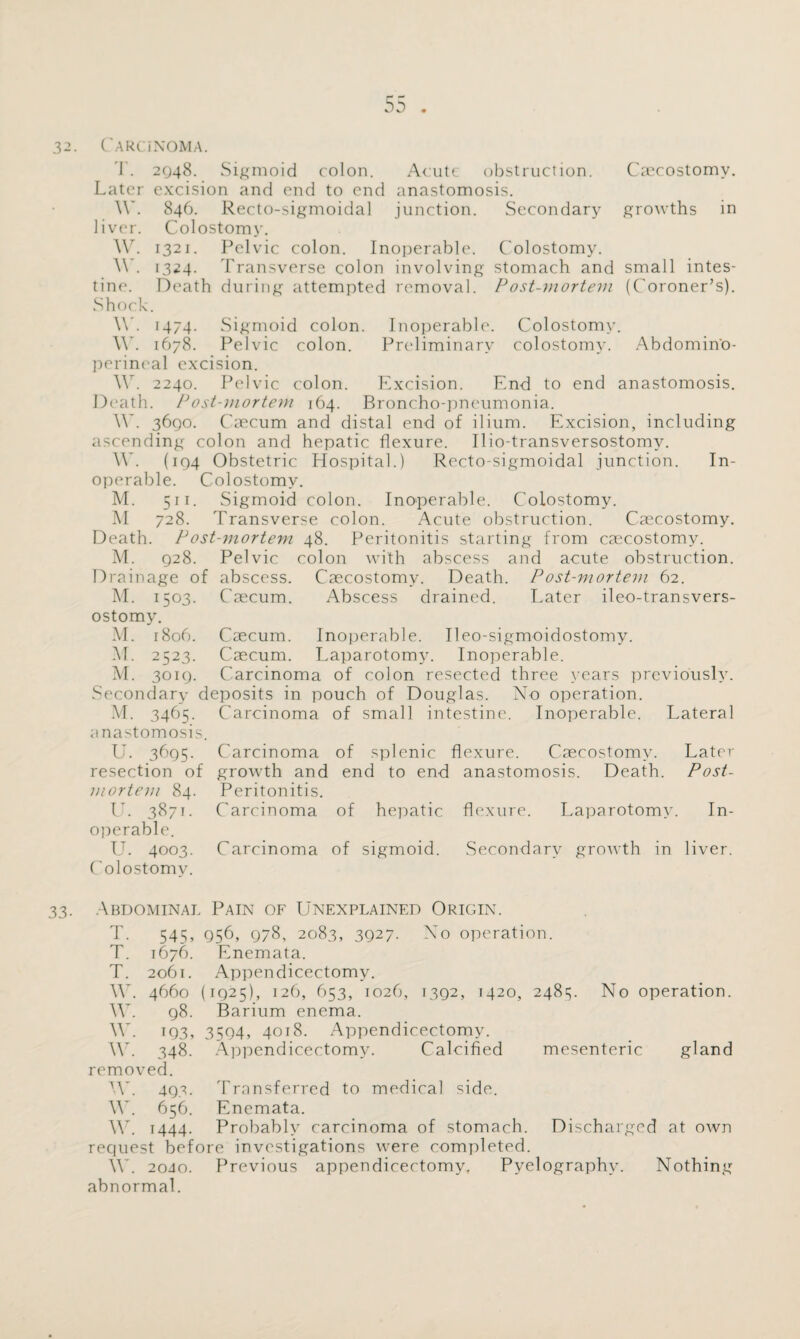 Carcinoma. J. 2048. Sigmoid colon. Acute obstruction. Caecostomy. Later excision and end to end anastomosis. AY. 846. Recto-sigmoidal junction. Secondary growths in liver. Colostomy. W. 1321. Pelvic colon. Inoperable. Colostomy. AY. 13^4. Transverse colon involving stomach and small intes¬ tine. Death during attempted removal. Post-mortem (Coroner’s). Shock. \V. 1474. Sigmoid colon. Inoperable. Colostomy. \Y. 1678. Pelvic colon. Preliminary colostomy. Abdomino¬ perineal excision. AY. 2240. Pelvic colon. Excision. End to end anastomosis. Death. Post-mortem 164. Broncho-pneumonia. \Y. 3690. Caecum and distal end of ilium. Excision, including ascending colon and hepatic flexure. Ilio-transversostomv. W. (104 Obstetric Hospital.) Recto-sigmoidal junction. In¬ operable. Colostomy. M. 511. Sigmoid colon. Inoperable. Colostomy. M 728. Transverse colon. Acute obstruction. Caecostomy. Death. Post-mortem 48. Peritonitis starting from caecostomy. M. 928. Pelvic colon with abscess and acute obstruction. Drainage of abscess. Caecostomy. Death. Post-mortem 62. M. 1503. Caecum. Abscess drained. Later ileo-transvers- ostomy. M. 1806. Caecum. Inoperable. Ileo-sigmoidostomy. M. 2523. Caecum. Laparotomv. Inoperable. M. 3019. Carcinoma of colon resected three years previously. Secondary deposits in pouch of Douglas. No operation. M. 3465. Carcinoma of small intestine. Inoperable. Lateral anastomosis. U. 3695. Carcinoma of splenic flexure. Caecostomy. Later resection of growth and end to end anastomosis. Death. Post¬ mortem 84. Peritonitis. U. 3871. Carcinoma of hepatic flexure. Laparotomy. In¬ operable. U. 4003. Carcinoma of sigmoid. Secondary growth in liver. Colostomy. Abdominal Pain of Unexplained Origin. T. 545, 956, 978, 2083, 3927. No operation. T. 1676. Enemata. T. 2061. Appendicectomy. W. 4660 (1925), 126, 653, 1026, 1392, 1420, 248^. No operation. W. 98. Barium enema. AAA 193, 3594, 4018. Appendicectomy. AAA 348. Appendicectomy. Calcified mesenteric gland removed. TV. 493. Transferred to medical side. AAA 656. Enemata. \Y. 1444. Probably carcinoma of stomach. Discharged at own recpiest before investigations were completed. \Y. 2040. Previous appendicectomy. Pyelography. Nothing abnormal.