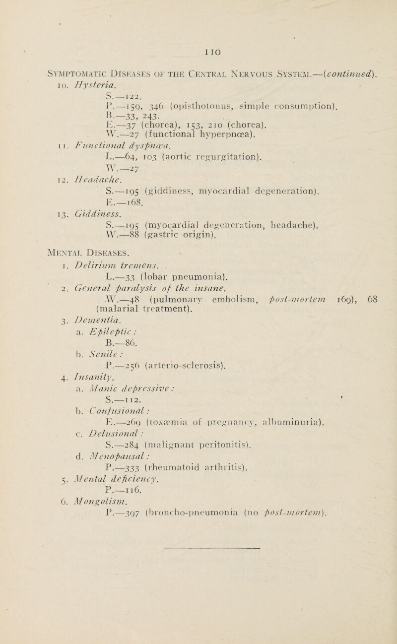 I 10 Symptomatic Diseases of the Central Nervous System.—(continued). io. Hysteria. S. —122. P.—159, 346 (opisthotonus, simple consumption). P-—33, 243. E.—37 (chorea), 153, 210 (chorea). W.—27 (functional hyperpncea). 1 1. Functional dyspnoea. L.—64, 103 (aortic regurgitation). W.—27 12. Headache. S.—105 (giddiness, myocardial degeneration). E.—168. 13. Giddiness. S.—195 (myocardial degeneration, headache). W.—88 (gastric origin). Mental Diseases. 1. Delirium tremens. . L.—33 (lobar pneumonia). 2. General paralysis of the insane. W.—48 (pulmonary embolism, post-mortem 169), 68 (malarial treatment). 3. Dementia. a. Epileptic : B.—86. b. Senile : P.—256 (arterio-sclerosis). 4. Insanity. a. Manic depressive: S.—112. b. Conf usional: E.—269 (toxaemia of pregnancy, albuminuria). c. Delusional: S.—284 (malignant peritonitis). d. Menofiausal: P.—333 (rheumatoid arthritis). 5. Mental deficiency. P.—116. 6. Mongolism. P.—397 (broncho-pneumonia (no post-mortem).