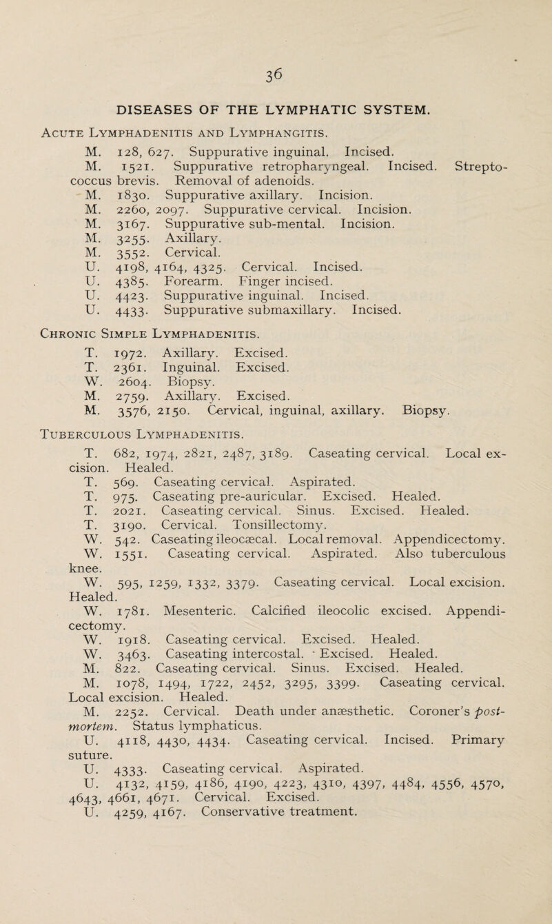 DISEASES OF THE LYMPHATIC SYSTEM. Acute Lymphadenitis and Lymphangitis. M. 128, 627. Suppurative inguinal. Incised. M. 1521. Suppurative retropharyngeal. Incised. Strepto¬ coccus brevis. Removal of adenoids. M. 1830. Suppurative axillary. Incision. M. 2260, 2097. Suppurative cervical. Incision. M. 3167. Suppurative sub-mental. Incision. M. 3255. Axillary. M. 3552. Cervical. U. 4198, 4164, 4325. Cervical. Incised. U. 4385. Forearm. Finger incised. U. 4423. Suppurative inguinal. Incised. U. 4433. Suppurative submaxillary. Incised. Chronic Simple Lymphadenitis. T. 1972. Axillary. Excised. T. 2361. Inguinal. Excised. W. 2604. Biopsy. M. 2759. Axillary. Excised. M. 3576, 2150. Cervical, inguinal, axillary. Biopsy. Tuberculous Lymphadenitis. T. 682, 1974, 2821, 2487, 3189. Caseating cervical. Local ex¬ cision. Healed. T. 569. Caseating cervical. Aspirated. T. 975. Caseating pre-auricular. Excised. Healed. T. 2021. Caseating cervical. Sinus. Excised. Healed. T. 3190. Cervical. Tonsillectomy. W. 542. Caseating ileocsecal. Local removal. Appendicectomy. W. 1551. Caseating cervical. Aspirated. Also tuberculous knee. W. 595, 1259, 1332, 3379. Caseating cervical. Local excision. Healed. W. 1781. Mesenteric. Calcified ileocolic excised. Appendi¬ cectomy. W. 1918. Caseating cervical. Excised. Healed. W. 3463. Caseating intercostal. * Excised. Healed. M. 822. Caseating cervical. Sinus. Excised. Healed. M. 1078, 1494, 1722, 2452, 3295, 3399. Caseating cervical. Local excision. Healed. M. 2252. Cervical. Death under anaesthetic. Coroner’s post¬ mortem. Status lymphaticus. U. 4118, 4430, 4434. Caseating cervical. Incised. Primary suture. U. 4333- Caseating cervical. Aspirated. U. 4132, 4159, 4186, 4190, 4223, 4310, 4397, 4484, 4556, 4570, 4643, 4661, 4671. Cervical. Excised. U. 4259, 4167. Conservative treatment.