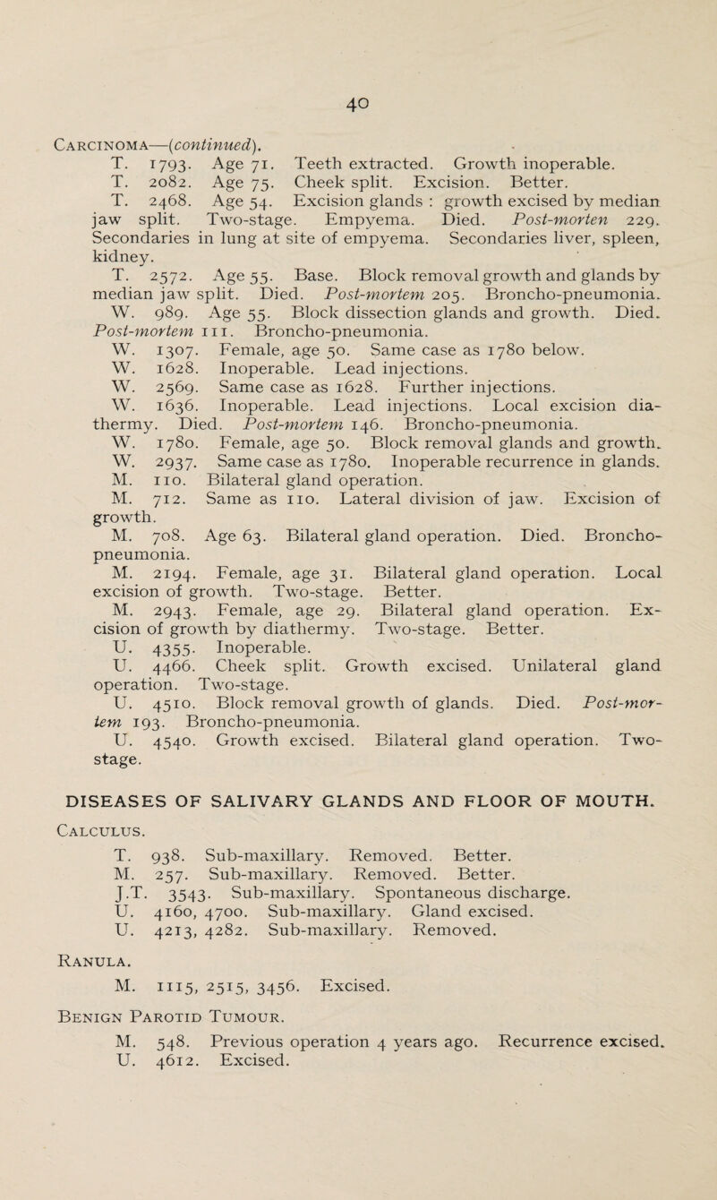 Carcinoma—(continued). T. 1793. Age 71. Teeth extracted. Growth inoperable. T. 2082. Age 75. Cheek split. Excision. Better. T. 2468. Age 54. Excision glands : growth excised by median jaw split. Two-stage. Empyema. Died. Post-morten 229.. Secondaries in lung at site of empyema. Secondaries liver, spleen, kidney. T. 2572. Age 55. Base. Block removal growth and glands by median jaw split. Died. Post-mortem 205. Broncho-pneumonia. W. 989. Age 55. Block dissection glands and growth. Died. Post-mortem 111. Broncho-pneumonia. W. 1307. Female, age 50. Same case as 1780 below. W. 1628. Inoperable. Lead injections. W. 2569. Same case as 1628. Further injections. W. 1636. Inoperable. Lead injections. Local excision dia¬ thermy. Died. Post-mortem 146. Broncho-pneumonia. W. 1780. Female, age 50. Block removal glands and growth. W. 2937. Same case as 1780. Inoperable recurrence in glands. M. no. Bilateral gland operation. M. 712. Same as no. Lateral division of jaw. Excision of growth. M. 708. Age 63. Bilateral gland operation. Died. Broncho¬ pneumonia. M. 2194. Female, age 31. Bilateral gland operation. Local excision of growth. Two-stage. Better. M. 2943. Female, age 29. Bilateral gland operation. Ex¬ cision of growth by diathermy. Two-stage. Better. U. 4355. Inoperable. U. 4466. Cheek split. Growth excised. Unilateral gland operation. Two-stage. U. 4510. Block removal growth of glands. Died. Post-mor¬ tem 193. Broncho-pneumonia. U. 4540. Growth excised. Bilateral gland operation. Two- stage. DISEASES OF SALIVARY GLANDS AND FLOOR OF MOUTH. Calculus. T. 938. Sub-maxillary. Removed. Better. M. 257. Sub-maxillary. Removed. Better. J.T. 3543. Sub-maxillary. Spontaneous discharge. U. 4160, 4700. Sub-maxillary. Gland excised. U. 4213, 4282. Sub-maxillary. Removed. Ranula. M. 1115, 2515, 3456. Excised. Benign Parotid Tumour. M. 548. Previous operation 4 years ago. Recurrence excised. U. 4612. Excised.