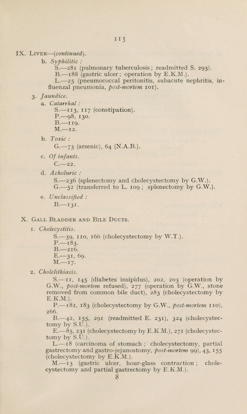 IX. Liver—(continued). b. Syphilitic : S.—281 (pulmonary tuberculosis; readmitted S. 293). B.—188 (gastric ulcer; operation by E.K.M.). L. —25 (pneumococcal peritonitis, subacute nephritis, in¬ fluenzal pneumonia, post-mortem 101). 3. Jaundice. a. Catarrhal : S.—113, 117 (constipation). P.—98, 130. B. —119. M. —12. b. Toxic : G.—73 (arsenic), 64 (N.A.B.). c. Of infants. C. —22. d. Acholuric : S.—236 (splenectomy and cholecystectomy by G.W.). G.—52 (transferred to L. 109 ; splenectomy by G.W.). e. Unclassified : B.—131. X. Gall Bladder and Bile Ducts. 1. Cholecystitis. S.—39, no, 166 (cholecystectomy by W.T.). P.—183. B.—216. E.—31, 69. M.—17. 2. Cholelithiasis. S.—11, 145 (diabetes insipidus), 202, 203 (operation by G.W., post-mortem refused), 277 (operation by G.W., stone removed from common bile duct), 283 (cholecystectomy by E.K.M.). P.—182, 183 (cholecystectomy by G.W., post-mortem no), 266. B.—42, 155, 291 (readmitted E. 231), 324 (cholecystec¬ tomy by S.U.). E.—85, 231 (cholecystectomy by E.K.M.), 271 (cholecystec¬ tomy by S.U.). L. —18 (carcinoma of stomach ; cholecystectomy, partial gastrectomy and gastro-jej unostomy, post-mortem 99), 43, 155 (cholecystectomy by E.K.M.). M. —13 (gastric ulcer, hour-glass contraction ; chole¬ cystectomy and partial gastrectomy by E.K.M.).