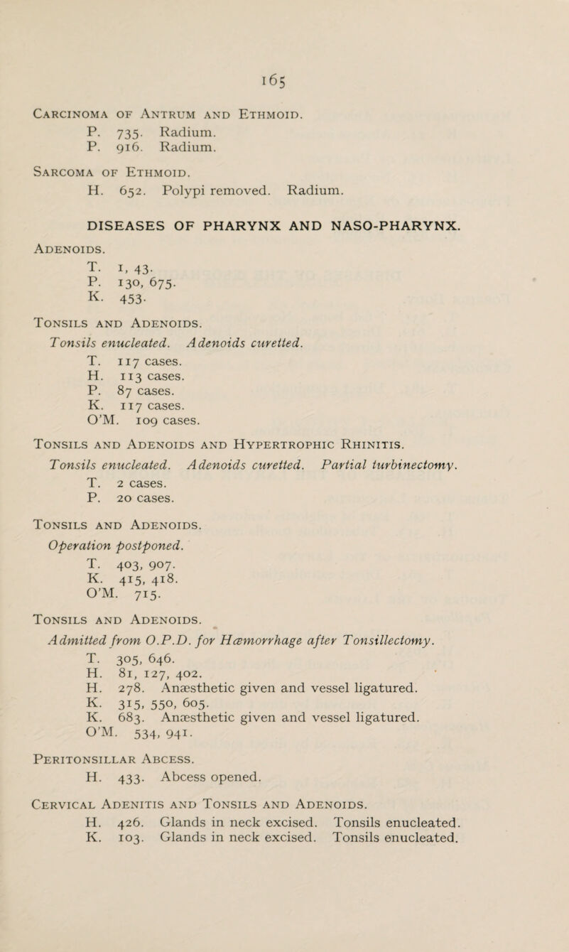 Carcinoma of Antrum and Ethmoid. P. 735. Radium. P. 916. Radium. Sarcoma of Ethmoid. H. 652. Polypi removed. Radium. DISEASES OF PHARYNX AND NASO-PHARYNX. Adenoids. T. i, 43- P. 130, 675. K- 453- Tonsils and Adenoids. Tonsils enucleated. Adenoids curetted. T. 117 cases. H. 113 cases. P. 87 cases. K. 117 cases. O’M. 109 cases. Tonsils and Adenoids and Hypertrophic Rhinitis. Tonsils enucleated. Adenoids curetted. Partial turbinectomy. T. 2 cases. P. 20 cases. Tonsils and Adenoids. Operation postponed. T. 403, 907. K. 415, 418. O’M. 715. Tonsils and Adenoids. «k Admitted from O.P.D. for Hemorrhage after Tonsillectomy. T. 305, 646. H. 81, 127, 402. H. 278. Anaesthetic given and vessel ligatured. K. 315. 550, 605. K. 683. Anaesthetic given and vessel ligatured. O’M. 534, 941. Peritonsillar Abcess. H. 433. Abcess opened. Cervical Adenitis and Tonsils and Adenoids. H. 426. Glands in neck excised. Tonsils enucleated. K. 103. Glands in neck excised. Tonsils enucleated.