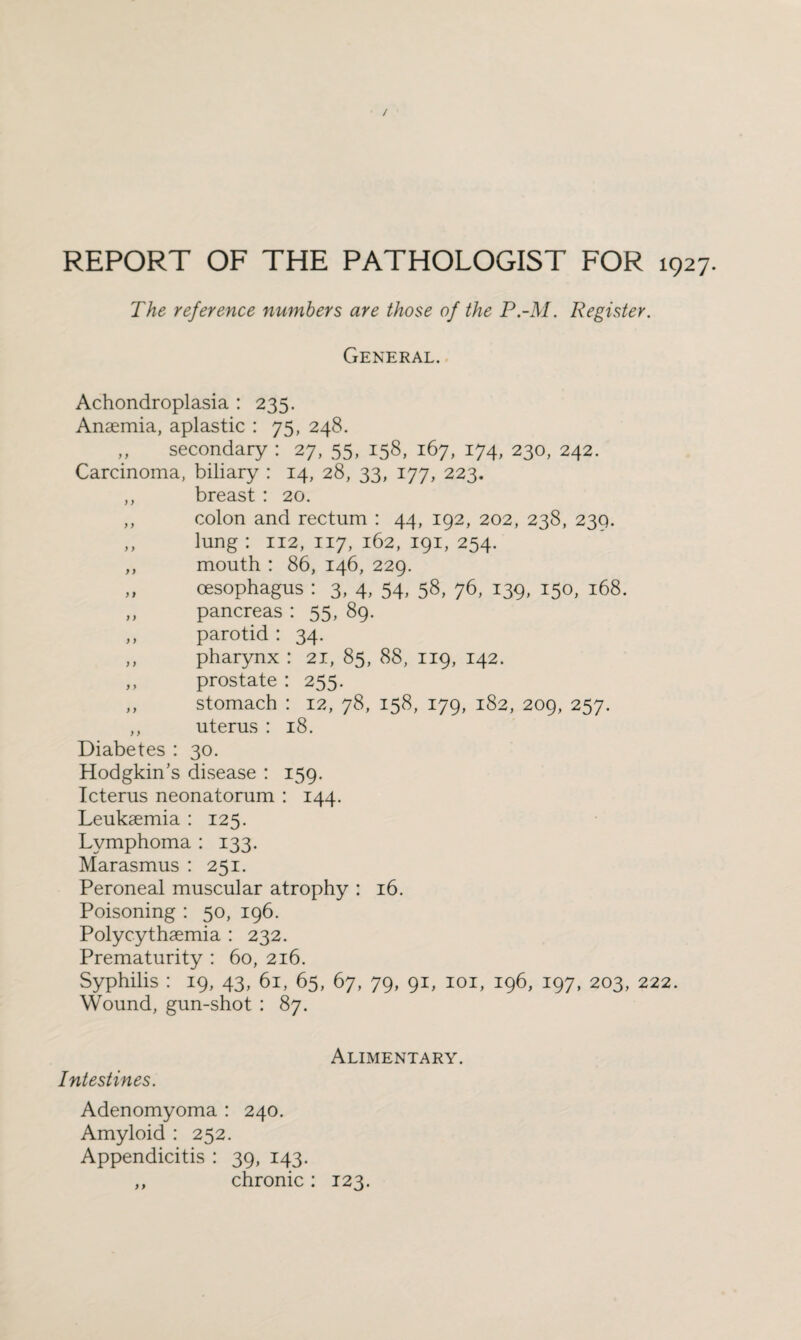 REPORT OF THE PATHOLOGIST FOR 1927. The reference numbers are those of the P-M. Register. General. Achondroplasia : 235. Anaemia, aplastic : 75, 248. ,, secondary : 27, 55, 158, 167, 174, 230, 242. Carcinoma, biliary : 14, 28, 33, 177, 223. ,, breast : 20. ,, colon and rectum : 44, 192, 202, 238, 239. ,, lung : 112, 117, 162, 191, 254. ,, mouth : 86, 146, 229. „ oesophagus : 3, 4, 54, 58, 76, 139, 150, 168. „ pancreas : 55, 89. ,, parotid : 34. ,, pharynx : 21, 85, 88, 119, 142. ,, prostate : 255. ,, stomach : 12, 78, 158, 179, 182, 209, 257. ,, uterus : 18. Diabetes: 30. Hodgkin’s disease : 159. Icterus neonatorum : 144. Leukaemia : 125. Lymphoma : 133. Marasmus : 251. Peroneal muscular atrophy : 16. Poisoning : 50, 196. Polycythaemia : 232. Prematurity : 60, 216. Syphilis : 19, 43, 61, 65, 67, 79, 91, 101, 196, 197, 203, 222. Wound, gun-shot : 87. Alimentary. Intestines. Adenomyoma : 240. Amyloid : 252. Appendicitis : 39, 143. ,, chronic : 123.