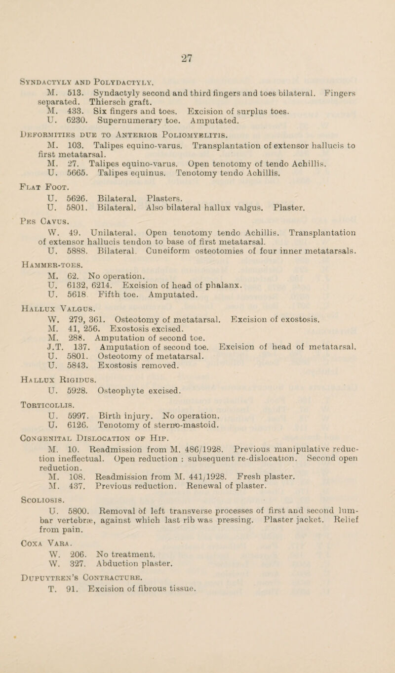 Syndactyly and Polydactyly. M. 513. Syndactyly second and third fingers and toes bilateral. Fingers separated. Thiersch graft. M. 433. Six fingers and toes. Excision of surplus toes. U. 6230. Supernumerary toe. Amputated. Deformities due to Anterior Poliomyelitis. M. 103. Talipes equino-varus. Transplantation of extensor hallucis to first metatarsal. M. 27. Talipes equino-varus. Open tenotomy of tendo Achillis. U. 5665. Talipes equinus. Tenotomy tendo Achillis. Flat Foot. U. 5626. Bilateral. Plasters. U. 5801. Bilateral. Also bilateral hallux valgus. Plaster. Pes Cavus. W. 49. Unilateral. Open tenotomy tendo Achillis. Transplantation of extensor hallucis tendon to base of first metatarsal. U. 5888. Bilateral. Cuneiform osteotomies of four inner metatarsals. Hammer-toes. M. 62. No operation. U. 6132, 6214. Excision of head of phalanx. U. 5618. Fifth toe. Amputated. Hallux Valgus. W. 279, 361. Osteotomy of metatarsal. Excision of exostosis. M. 41, 256. Exostosis excised. M. 288. Amputation of second toe. J.T. 137. Amputation of second toe. Excision of head of metatarsal. U. 5801. Osteotomy of metatarsal. U. 5843. Exostosis removed. Hallux Rigidus. U. 5928. Osteophyte excised. Torticollis. U. 5997. Birth injury. No operation. U. 6126. Tenotomy of sterno-mastoid. Congenital Dislocation of Hip. M. 10. Readmission from M. 486/1928. Previous manipulative reduc¬ tion ineffectual. Open reduction : subsequent re-dislocation. Second open reduction. M. 108. Readmission from M. 441/1928. Fresh plaster. M. 437. Previous reduction. Renewal of plaster. Scoliosis. U. 5800. Removal of left transverse processes of first and second lum¬ bar vertebrae, against which last rib was pressing. Plaster jacket. Relief from pain. Coxa Vara. W. 206. No treatment. W. 327. Abduction plaster. Dupuytren’s Contracture. T. 91. Excision of fibrous tissue.