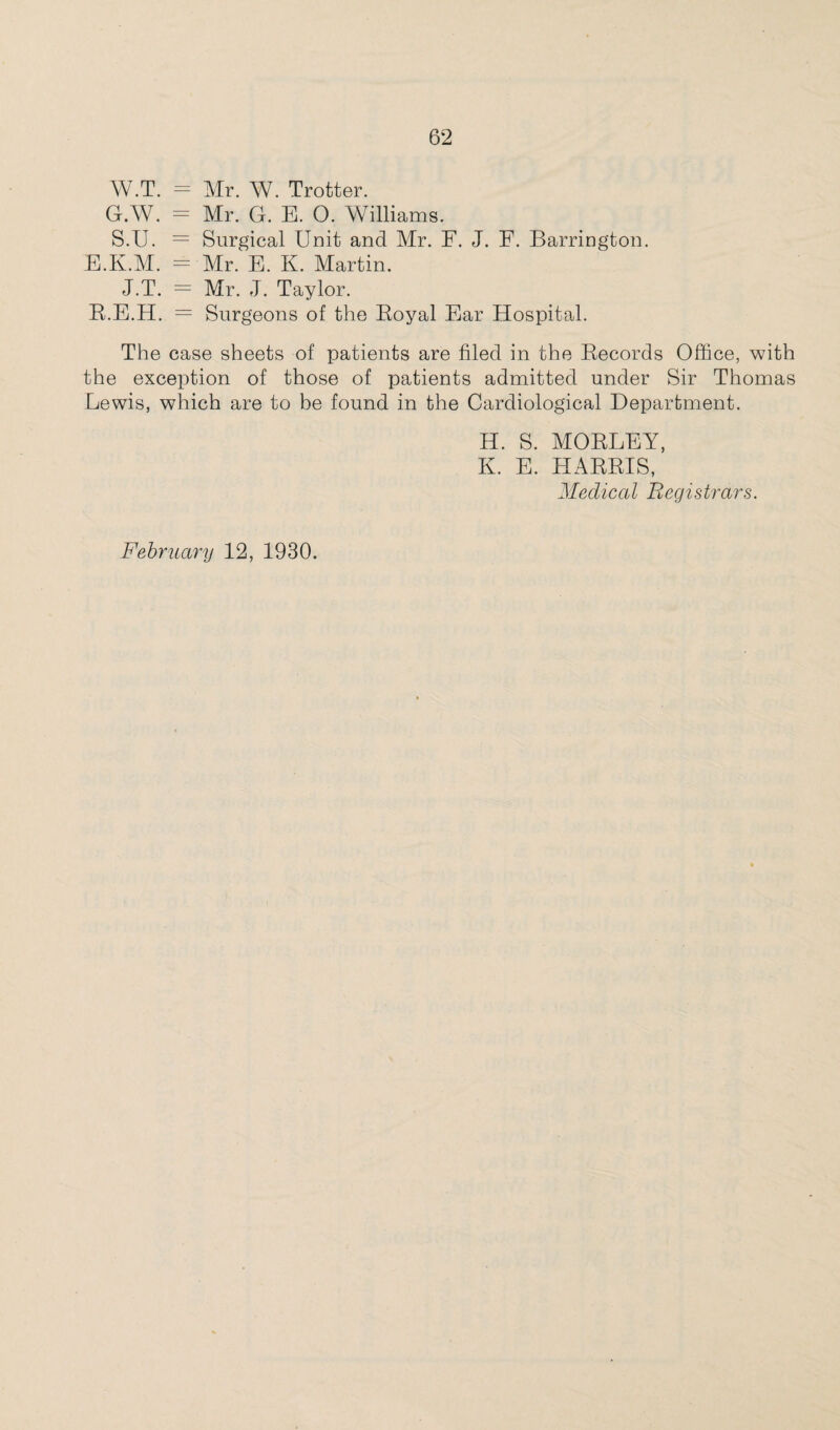 W.T. = Mr. W. Trotter. G.W. = Mr. G. E. 0. Williams. S.U. = Surgical Unit and Mr. F. J. F. Barrington. E.K.M. = Mr. E. K. Martin. J.T. = Mr. J. Taylor. B.E.H. = Surgeons of the Boyal Ear Hospital. The case sheets of patients are filed in the Becords Office, with the exception of those of patients admitted under Sir Thomas Lewis, which are to be found in the Cardiological Department. H. S. MOBLEY, K. E. HABBIS, Medical Registrars. February 12, 1930.