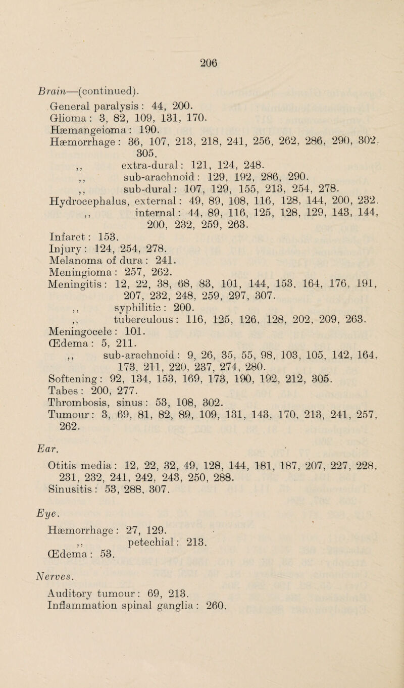 Brain—(continued). General paralysis : 44, 200. Glioma : 3, 82, 109, 131, 170. Hsemangeioma: 190. Haemorrhage : 36, 107, 213, 218, 241, 256, 262, 286, 290, 302. 305. ,, extra-dural: 121, 124, 248. ,, sub-arachnoid: 129, 192, 286, 290. ,, sub-dural: 107, 129, 155, 213, 254, 278. Hydrocephalus, external: 49, 89, 108, 116, 128, 144, 200, 232. ,, internal: 44, 89, 116, 125, 128, 129, 143, 144, 200, 232, 259, 263. Infarct: 153. Injury: 124, 254, 278. Melanoma of dura : 241. Meningioma : 257, 262. Meningitis: 12, 22, 38, 68, 83, 101, 144, 153. 164, 176, 191, 207, 232, 248, 259, 297, 307. ,, syphilitic: 200. ,, tuberculous: 116, 125, 126, 128, 202, 209, 263. Meningocele: 101. (Edema : 5, 211. ,, sub-arachnoid: 9, 26, 35, 55, 98, 103, 105, 142, 164. 173, 211, 220, 237, 274, 280. Softening: 92, 134, 153, 169, 173, 190, 192, 212, 305. Tabes : 200, 277. Thrombosis, sinus: 53, 108, 302. Tumour: 3, 69, 81, 82, 89, 109, 131, 143, 170, 213, 241, 257, 262. Ear. Otitis media: 12, 22, 32, 49, 128, 144, 181, 187, 207, 227, 228, 231, 232, 241, 242, 243, 250, 288. Sinusitis : 53, 288, 307. Eye. Haemorrhage : 27, 129. ,, petechial: 213. (Edema : 53. Nerves. Auditory tumour: 69, 213. Inflammation spinal ganglia : 260.