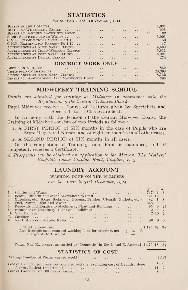 For the Year ended 31s/ December, 1944. Births in the Hospital .. .. .. .. .. .. .. .. .. 1,037 Births at Willersley Castle .. .. .. .. .. .. .. .. 996 Births at Banbury Maternity Home .. .. .. .. .. .. • • 32 Short Services held in Wards .. .. .. .. .. .. .. .. 5,001 C.M.B. Examination Passes—Part I .. .. .. .. .. .. 50 C.M.B. Examination Passes-—Part II .. .. .. .. .. .. .. 47 Attendances at Ante-Natal Clinics .. .. .. .. .. .. .. 14,630 Attendances at Child-Welfare Clinics .. .. .. .. .. .. 5,611 Attendances at Post-Natal Clinics .. .. .. .. .. .. .. 2,021 Attendances at Dental Clinics .. .. .. .. .. .. .» 274 DISTRICT WORK ONLY Births on Districts Visits paid on Districts Attendances at Ante-Natal Clinics Births at Bragborough Hall Maternity Home MIDWIFERY TRAINING SCHOOL Pupils are admitted for training as Midwives in accordance with the Regulations of the Central Midwives Board Pupil Midwives receive a Course of Lectures given by Specialists and Special Tutorial Classes are held. In harmony with the decision of the Central Mid wives Board, the Training of Midwives consists of two Periods as follows : 1. A FIRST PERIOD of SIX months in the case of Pupils who are State Registered Nurses, and of eighteen months in all other cases. 2. A SECOND PERIOD of SIX months in all cases. On the completion of Training, each Pupil is examined, and, if competent, receives a Certificate. A Prospectus can he obtained on application to the Matron, The Mothers’ Hospital, Lower Clapton Road, Clapton, E. 5. 859 28,398 8,732 396 LAUNDRY ACCOUNT WASHING DONE ON THE PREMISES For the Year to 31st December, 1944 1. Salaries and Wages 2. Board, Uniform and other Allowances to Staff 3. Materials, etc. (Soaps, Soda, etc., Brooms, Brushes, Utensils, Baskets, etc.) 4. Fuel, Power, Light and Water 5. F.enewals and Repairs to Machinery, Plant and Buildings 6a. Insurance on Machinery, Plant and Buildings b. War Damage 7. Carriage 8. Rent (if applicable) and Rates . . £ s. d. 737 4 3 191 12 0 82 1 8 348 6 3 65 0 24 9 3 7 2 10 4 40 0 0 Total Expenditure Less Receipts on account of washing done for accounts not chargeable to Hospital . . 1,475 18 3i £ s. d. Total Net Expenditure carried to 1 Domestic ’ in the I. and E. Account 1,475 18 3| STATISTICS OF COST Average Number of Pieces washed weekly .. . . .. .. .. . . 7,521 s d Cost of Laundry per week per occupied bed (i.e. excluding cost of Laundry done for Out-Patient Department) .. .. .. .. .. .. 112 Cost of Laundry per 100 pieces washed .. .. .. .. .. .. 7 6