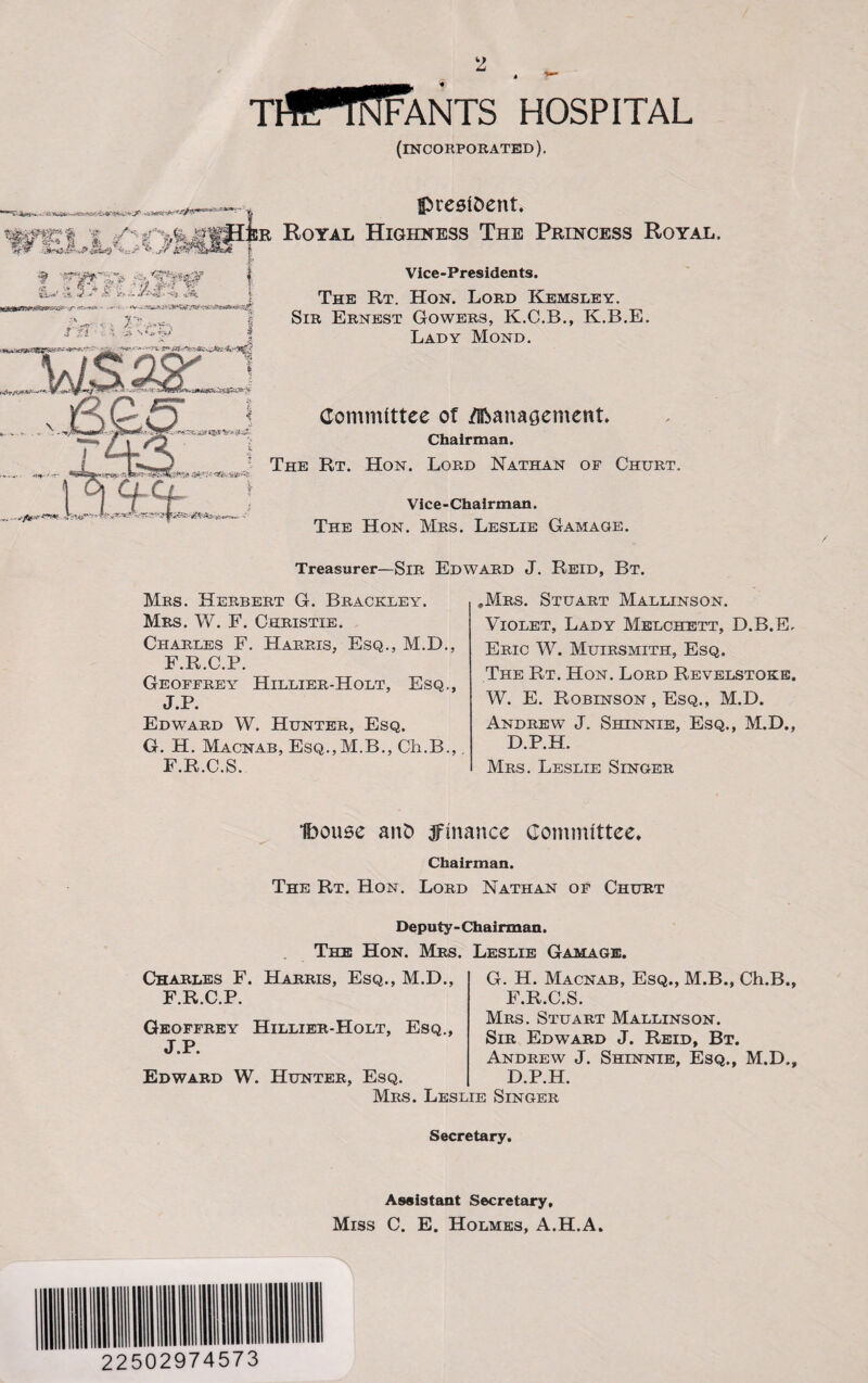 TtfffTfiFANTS HOSPITAL (INCORPORATED). Jr tf^, *!****&* Ml | ,*BB ! iHHiTTir Tit ^ atr»s* - .-•;.• <^^a5(£*:J*» ifrW^’ president. r Royal Highness The Princess Royal. Vice-Presidents. The Rt. Hon. Lord Kemsley. Sir Ernest Gowers, K.C.B., K.B.E. Lady Mond. Committee of /Management. Chairman. The Rt. Hon. Lord Nathan of Churt. Vice-Chairman. The Hon. Mrs. Leslie Gamage. Treasurer—Sir Edward J. Reid, Bt. Mrs. Herbert G. Brackley. Mrs. W. F. Christie. Charles F. Harris, Esq., M.D., F.R.C.P. Geoffrey Hillier-Holt, Esq., J.P. Edward W. Hunter, Esq. G. H. Macnab, Esq., M.B., Ch.B., F.R.C.S. „Mrs. Stuart Mallinson. Violet, Lady Melchett, D.B.E. Eric W. Muirsmith, Esq. The Rt. Hon. Lord Revelstoke. W. E. Robinson , Esq., M.D. Andrew J. Shinnie, Esq., M.D., D.P.H. Mrs. Leslie Singer Ibouse auD ^finance Committee, Chairman. The Rt. Hon. Lord Nathan of Churt Charles F. Harris, Esq., M.D., F.R.C.P. Geoffrey Hillier-Holt, Esq., J.P. Edward W. Hunter, Esq Deputy - Chairman. The Hon. Mrs. Leslie Gamage. G. H. Macnab, Esq., M.B., Ch.B., F.R.C.S. Mrs. Stuart Mallinson. Sir Edward J. Reid, Bt. Andrew J. Shinnie, Esq., M.D., D.P.H. Mrs. Leslie Singer Secretary. 22502974573 Assistant Secretary, Miss C. E. Holmes, A.H.A